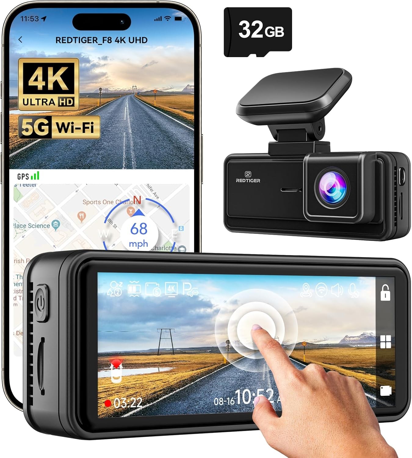 4K F8 Ön Kamera, 5G Wi-Fi, Dokunmatik Ekran, Dahili GPS ve 32GB Kart Dahil