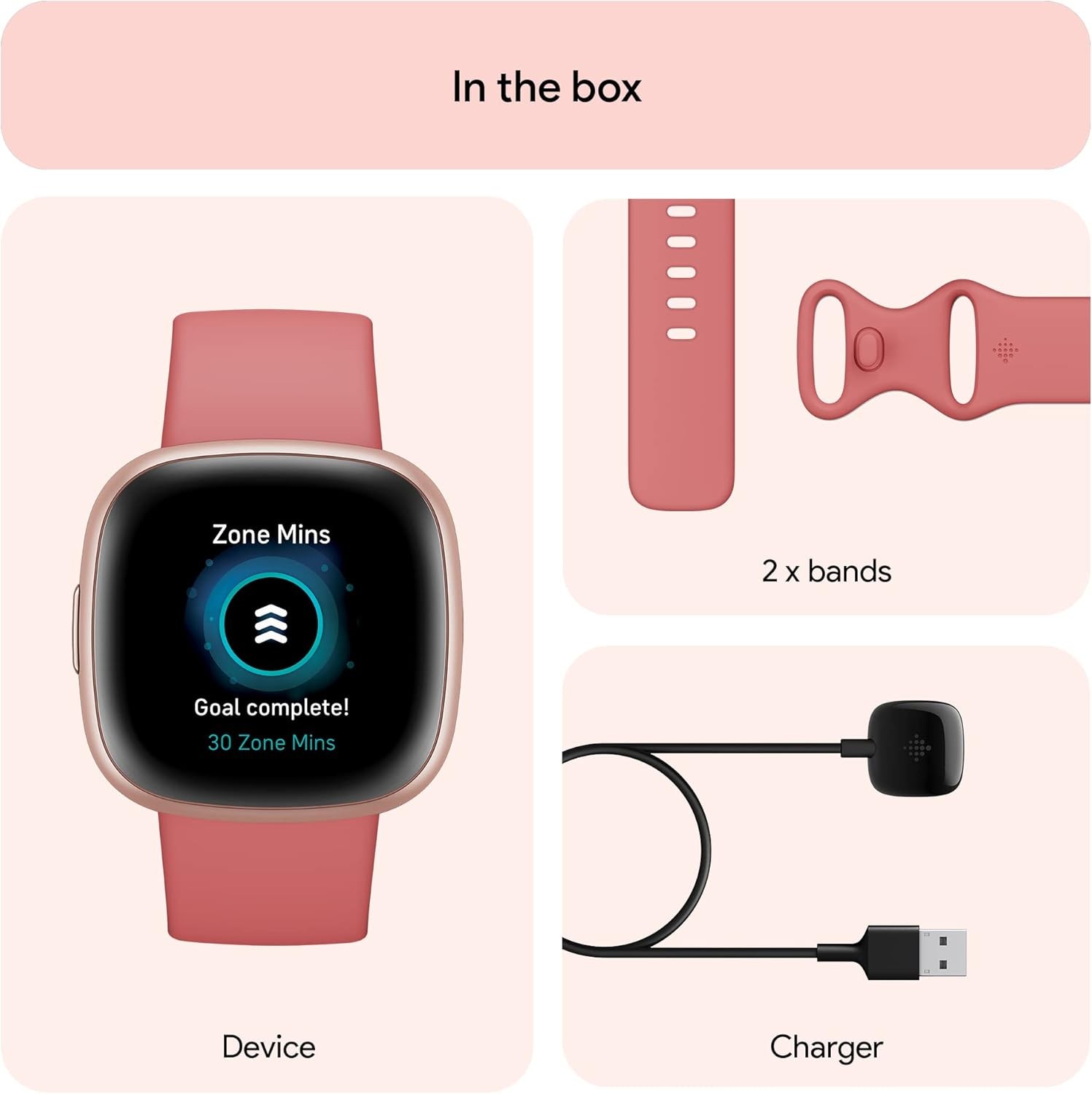 Fitbit Versa 4 Akıllı Saat – Pembe Kum / Bakır Gül, Yerleşik GPS ve Uzun Pil Ömrü