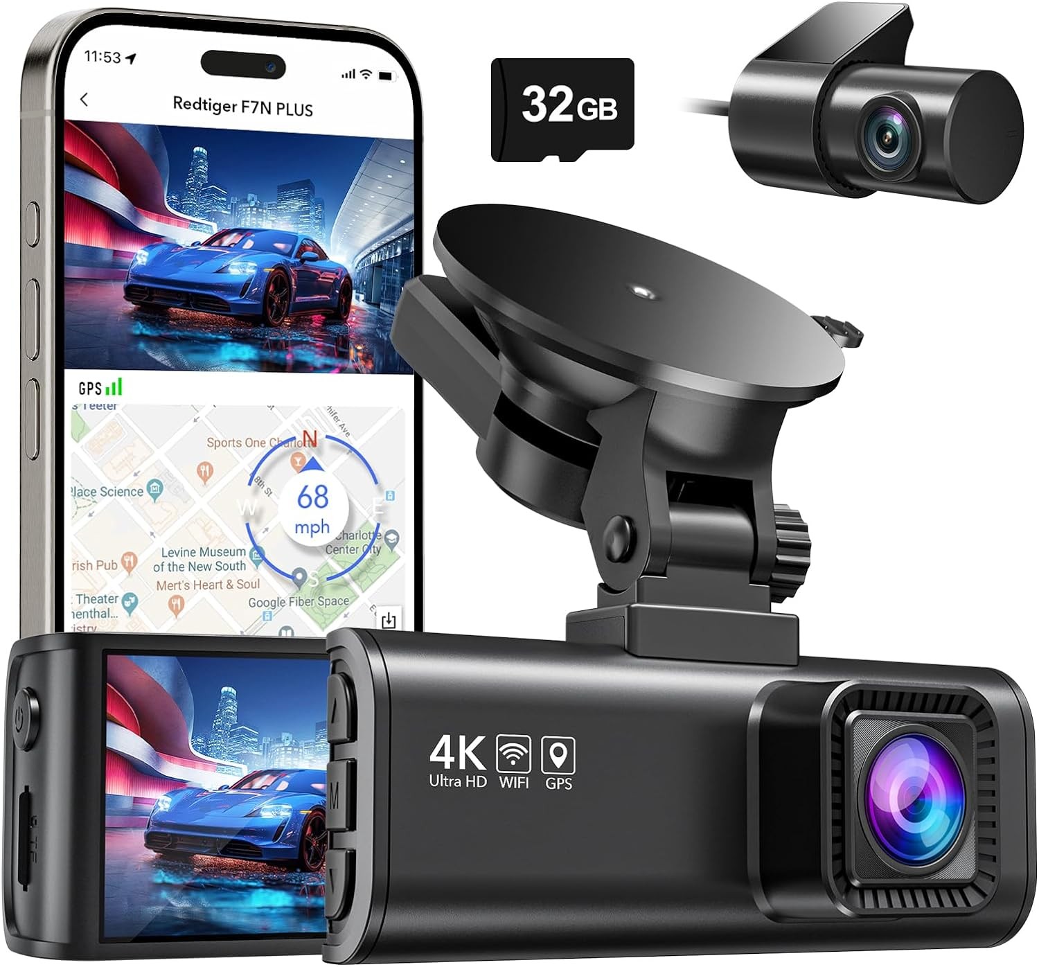 Dash Cam Ön Arka 4K/2.5K Full HD, 32GB Kart Dahil, Wi-Fi, GPS, Gece Görüşü, 170° Geniş Açı