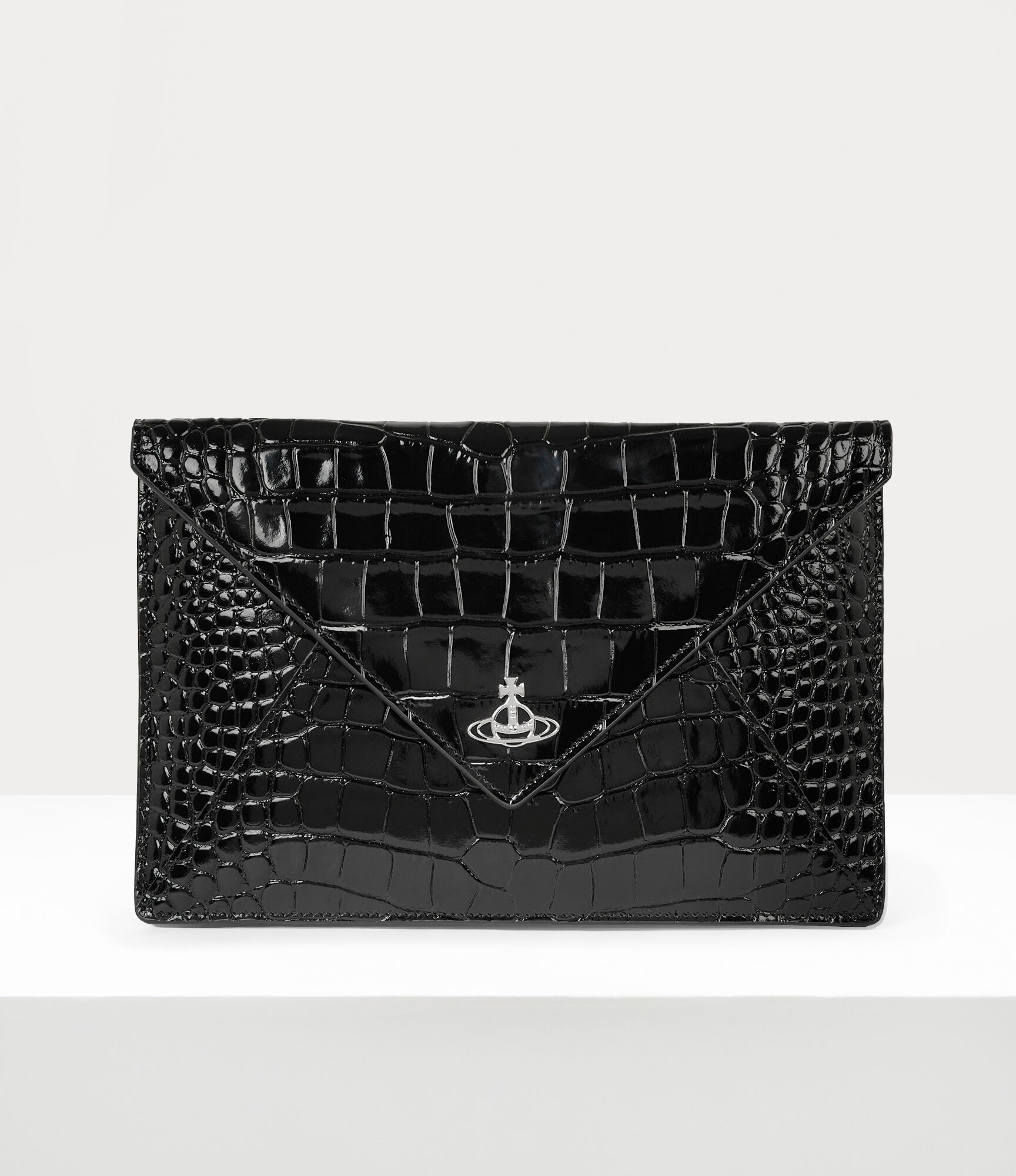 Crocodile Envelope Clutch Press-Stud Kapanma ve Orb Silueti Detaylı %100 Dana Deri Çanta