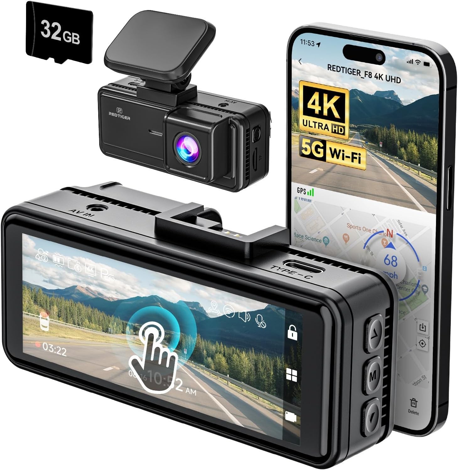 F8 Dash Cam 4K Ön Kamera, 3.18" Dokunmatik Ekran, 5G Wi-Fi, Ultra HD 2160P