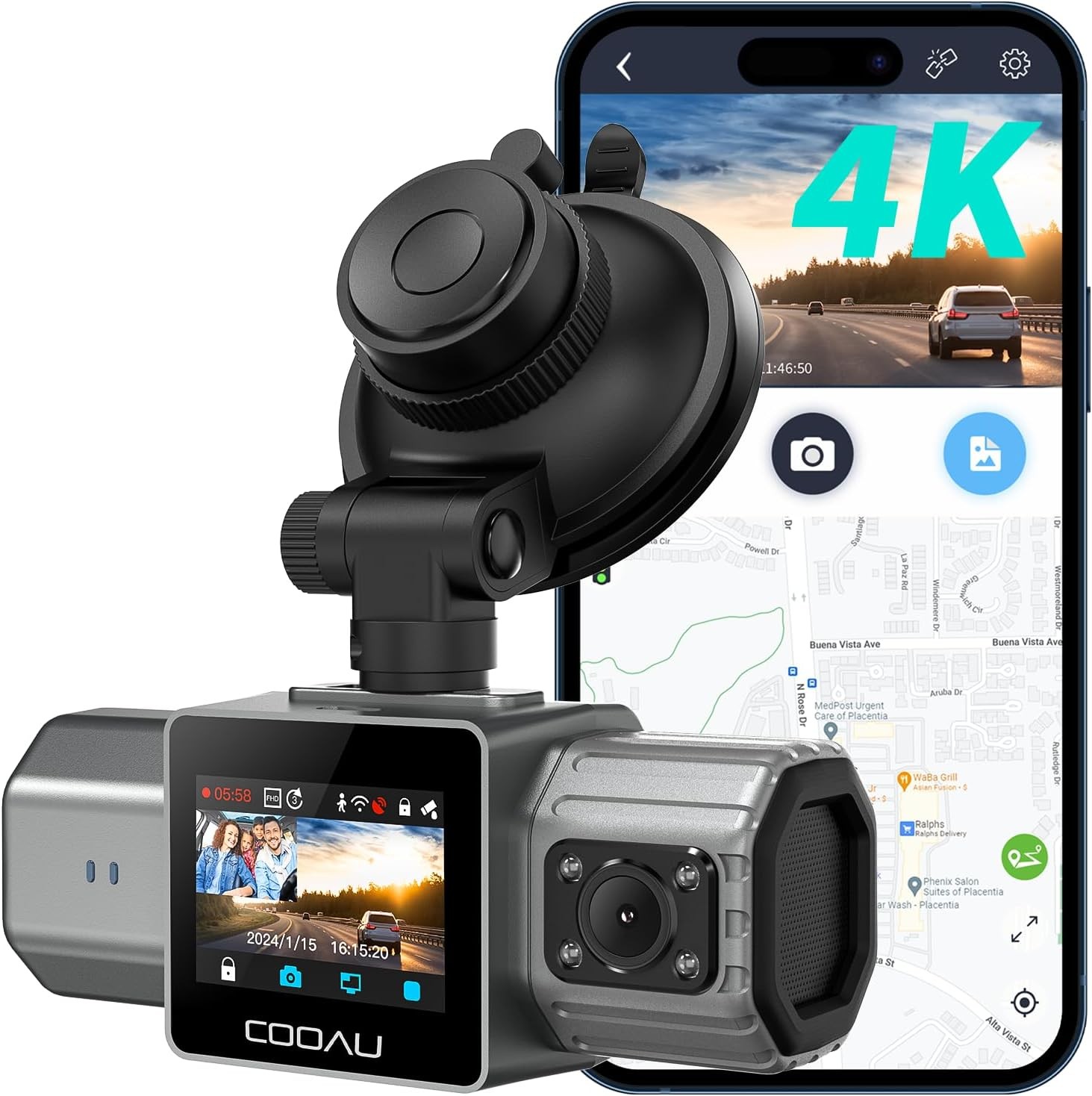 COOAU 4K Çift Dash Kamera, GPS Wi-Fi, Kızılötesi Gece Görüşü, Park Modu, 256GB Destek