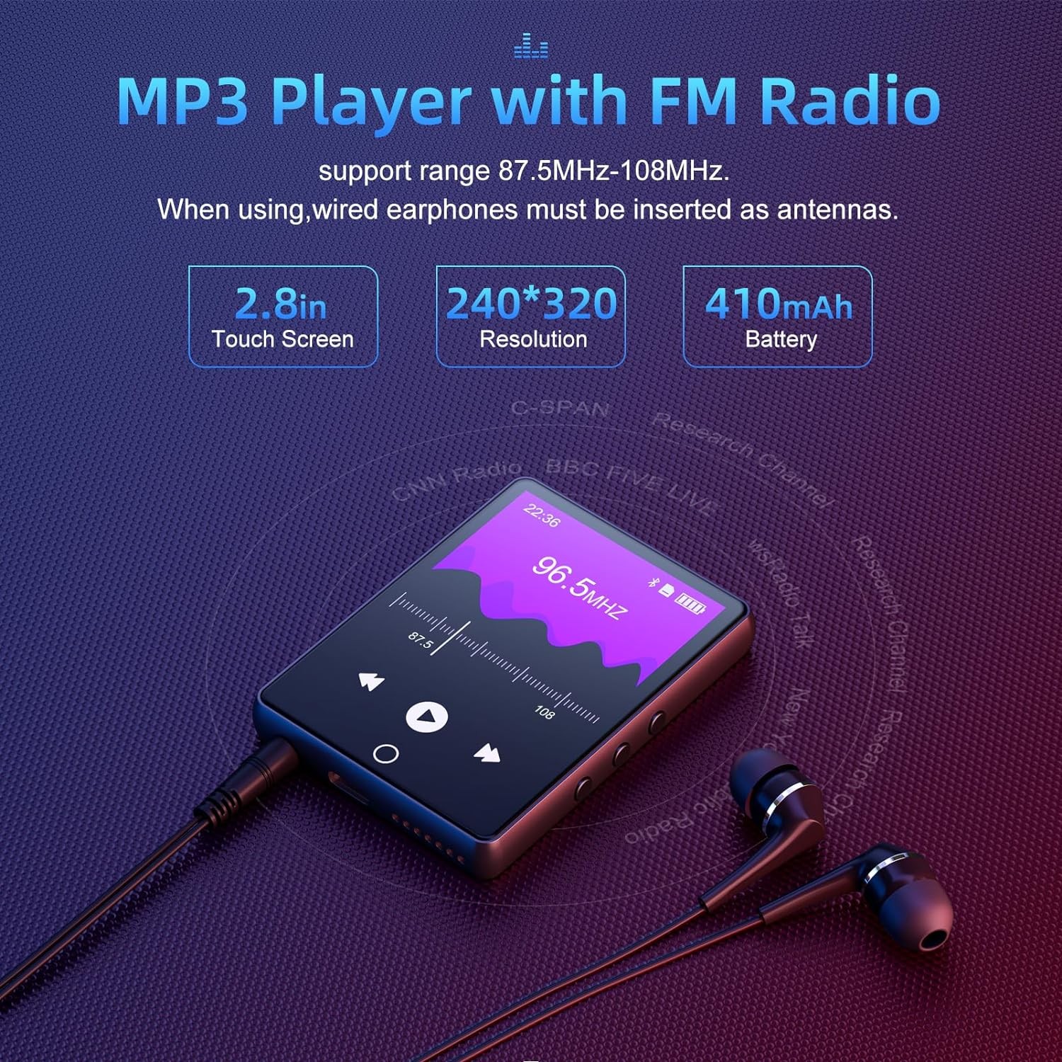  64GB Bluetooth MP3 Çalar, 2.8 inç Dokunmatik Ekran, Hi-Fi Ses, FM Radyo