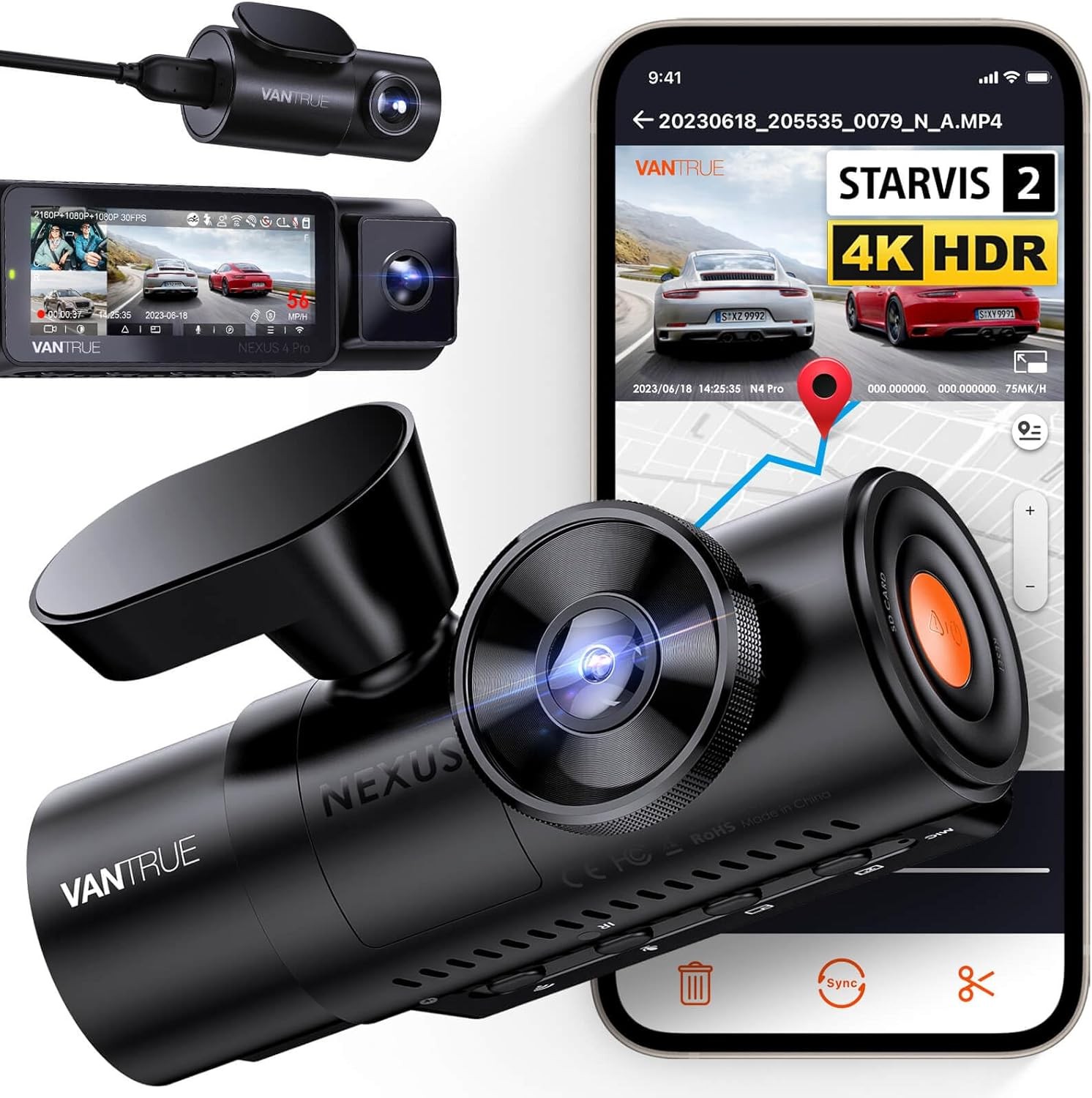 N4 Pro 3 Kanal 4K Araç Kamerası, STARVIS 2 Gece Görüşü, Wi-Fi ve GPS