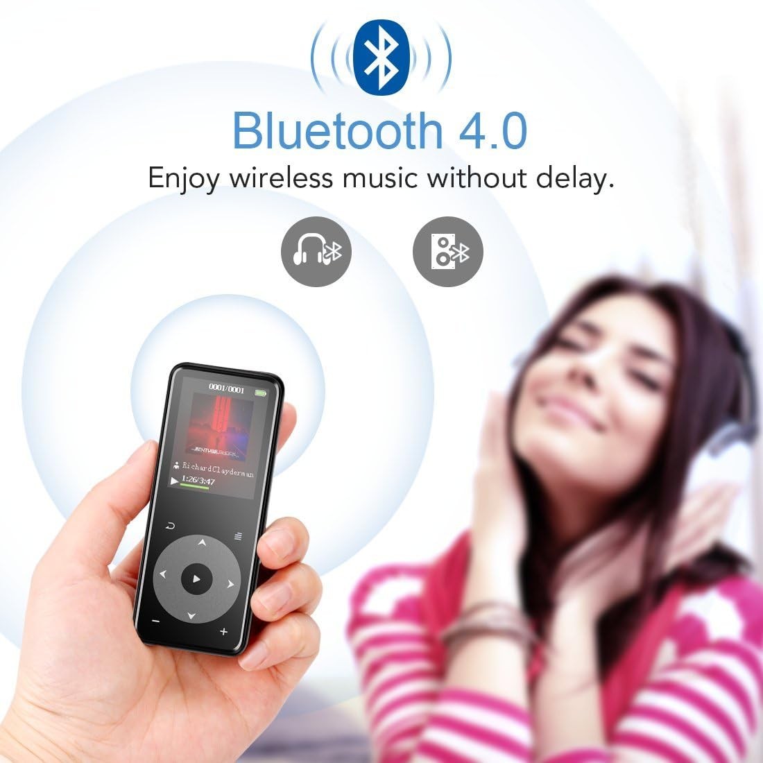 Bluetooth 4.0 MP3 Çalar - 8 GB Kayıpsız Ses, Dahili Hoparlör, Kulaklık ile Taşınabilir