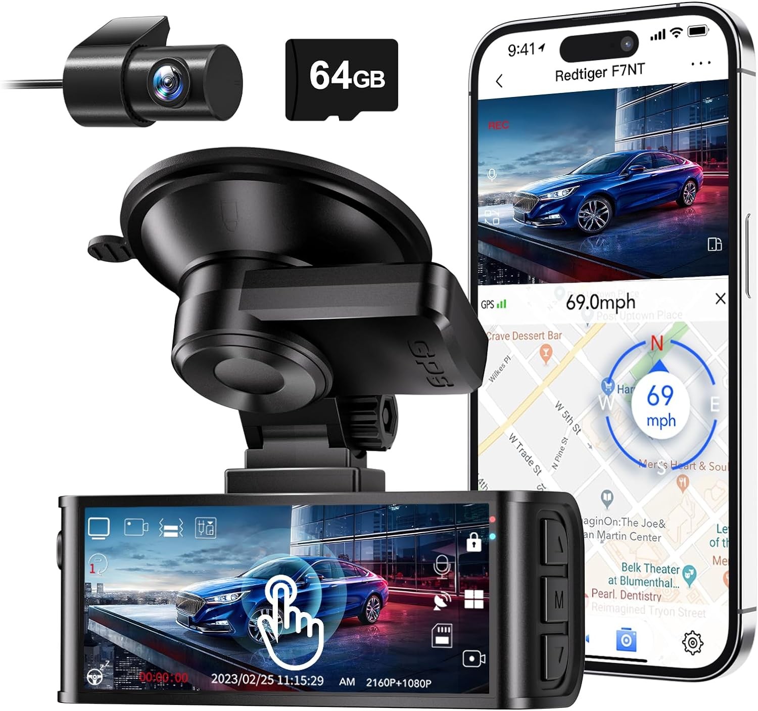 4K Dash Kamera Ön ve Arka – 3.18" Dokunmatik Ekran, 64 GB Kart, Dahili WiFi GPS, UHD 2160P, Gece Görüşü, WDR, Park Monitörü