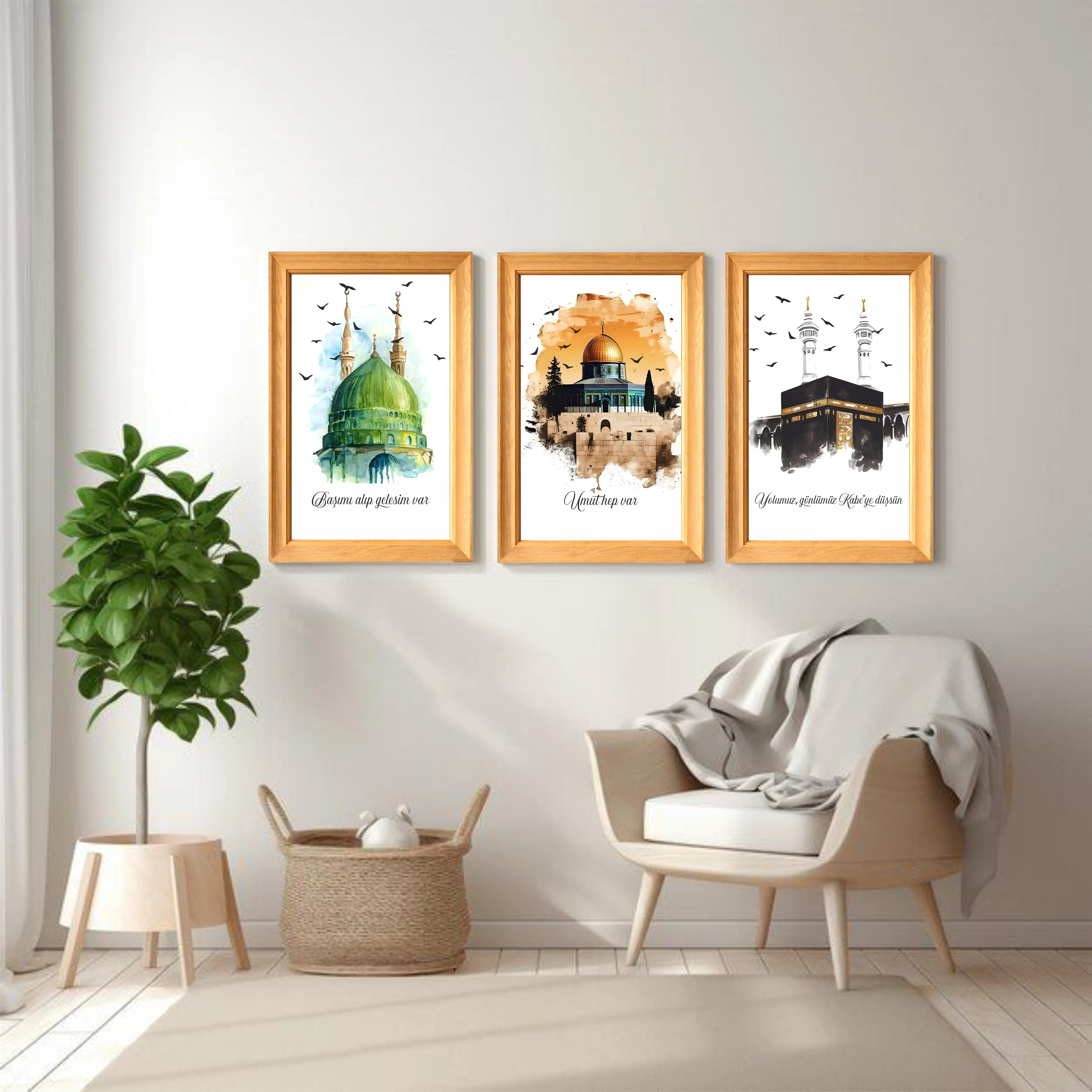 Üç mescit Kabe-Ravza-Kudüs 3lü set tablo çerçeve görünümlü
