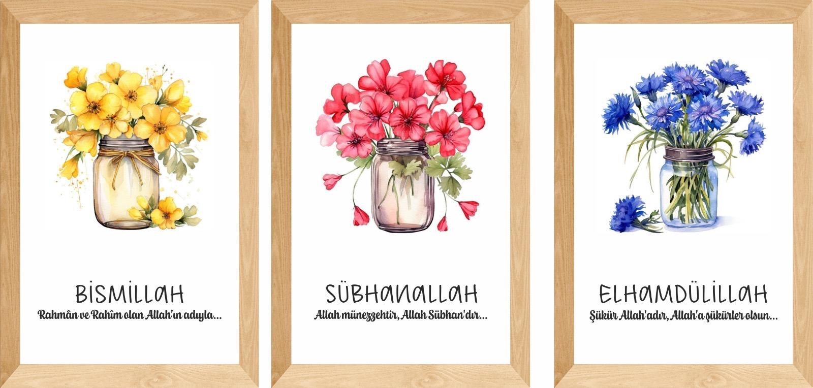 3'Lü Bismillah-Sübhanallah-Elhamdülillah Yazılı Çerçeve Görünümlü Tablo Set    