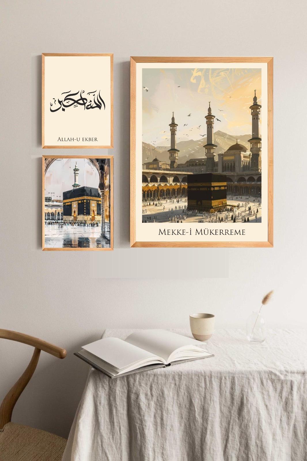 Mekke-i Mükerreme Temalı Dini Tablo Set 3 Parça (Çerçeve Görünümlü)