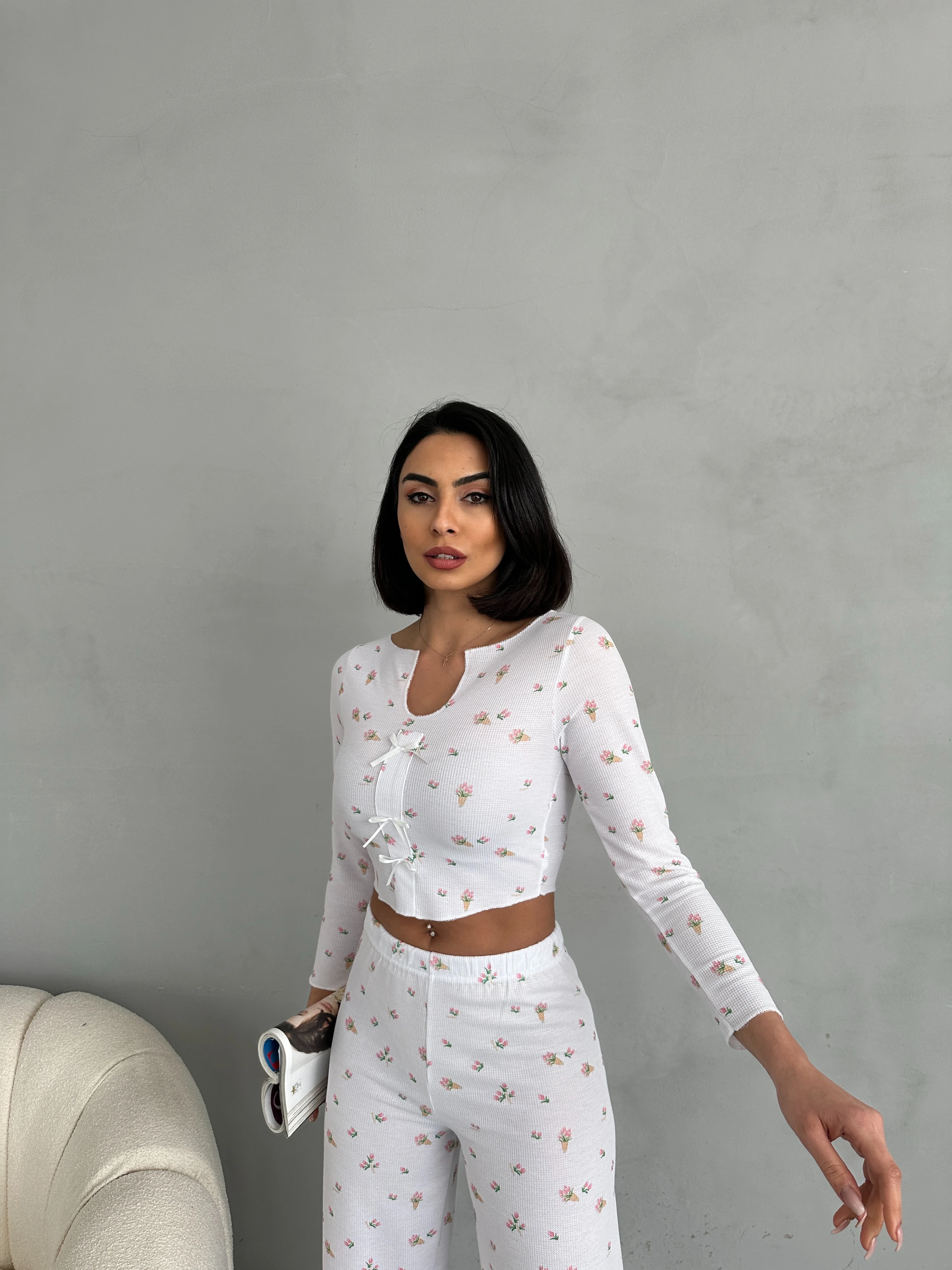 Özel Örme Kumaş Baskılı Uzun Kollu Kadın Pijama Takımı