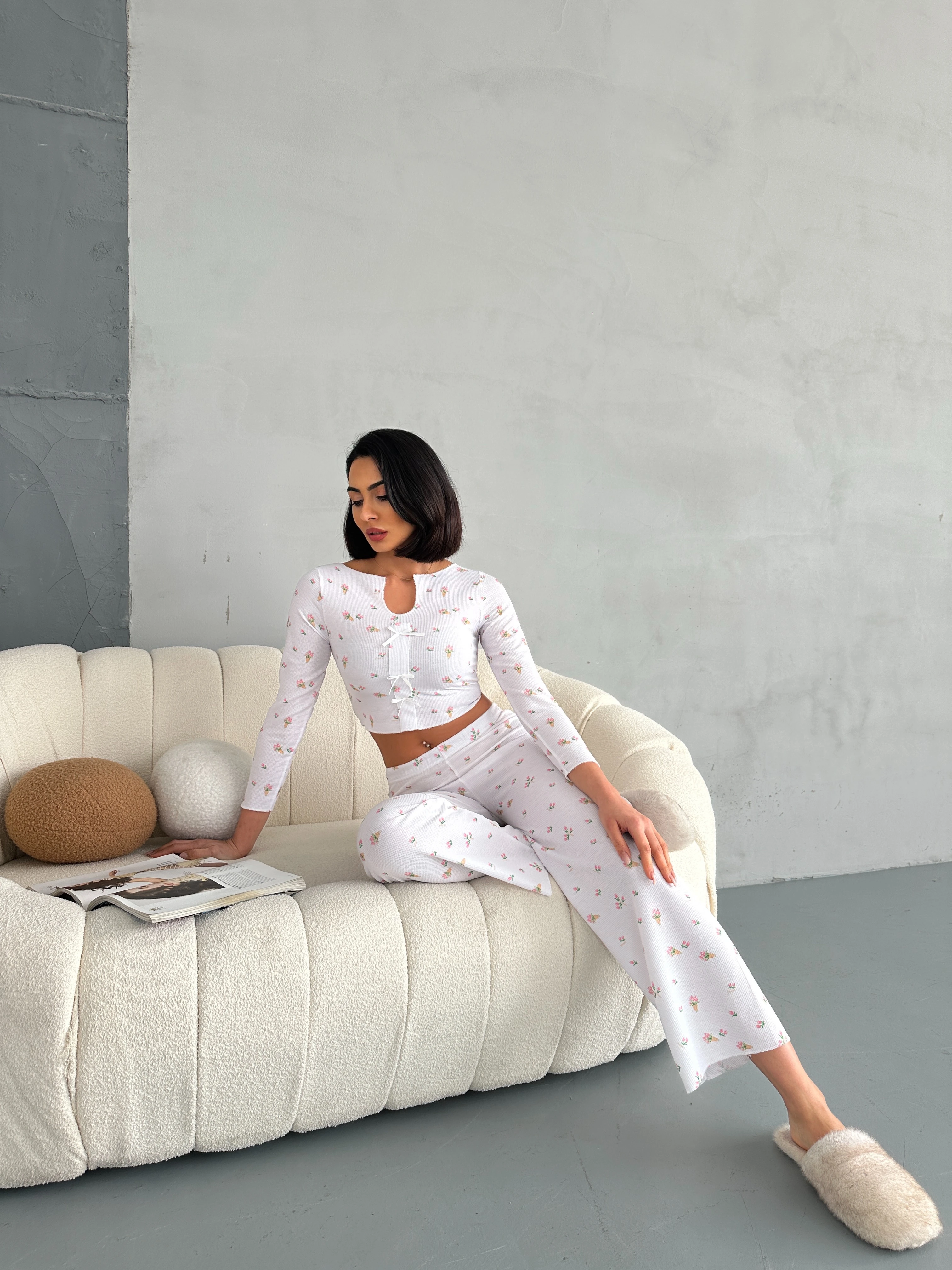 Özel Örme Kumaş Baskılı Uzun Kollu Kadın Pijama Takımı