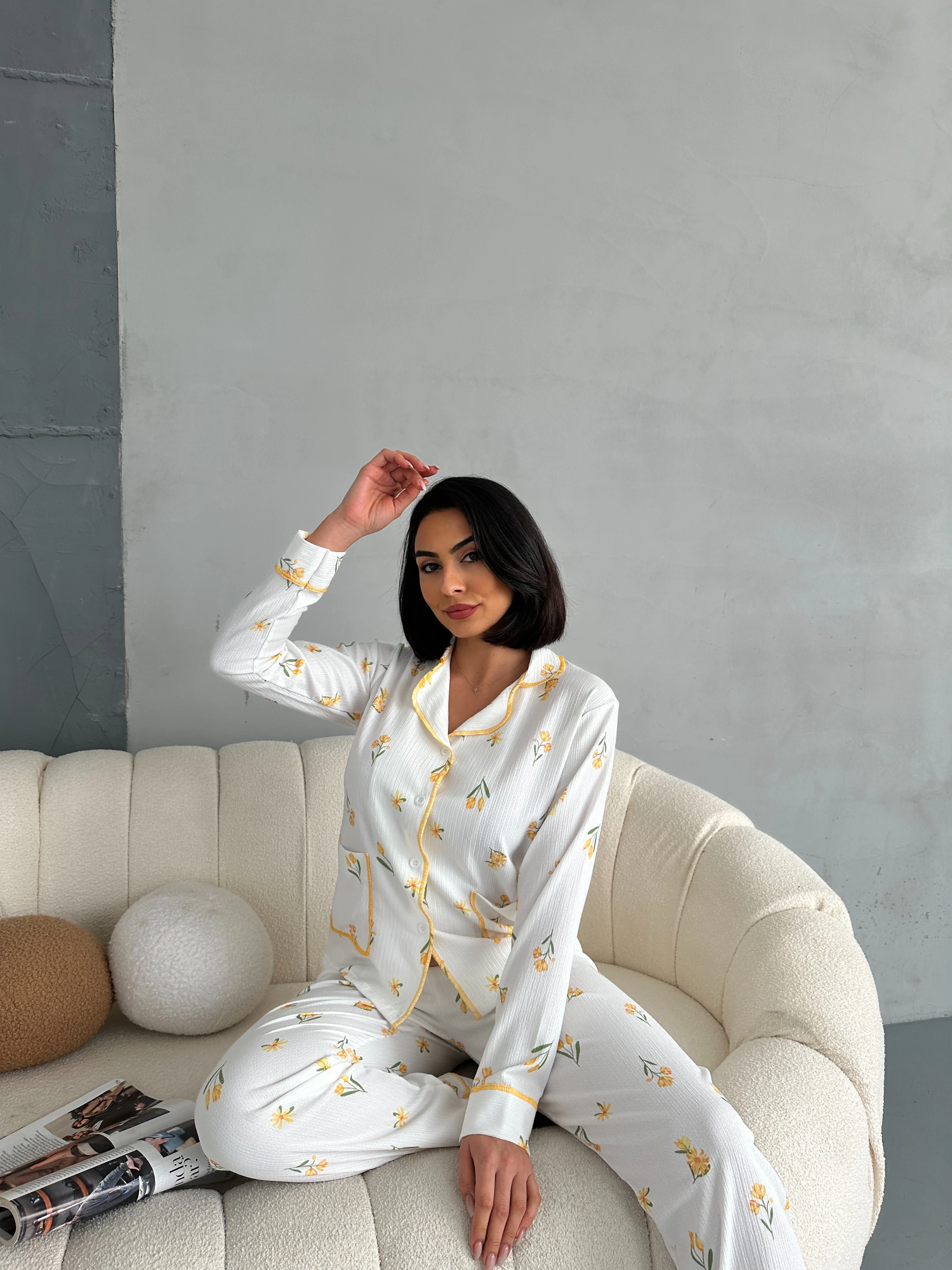 Özel Örme Kumaş Baskılı Uzun Kollu Kadın Pijama Takımı