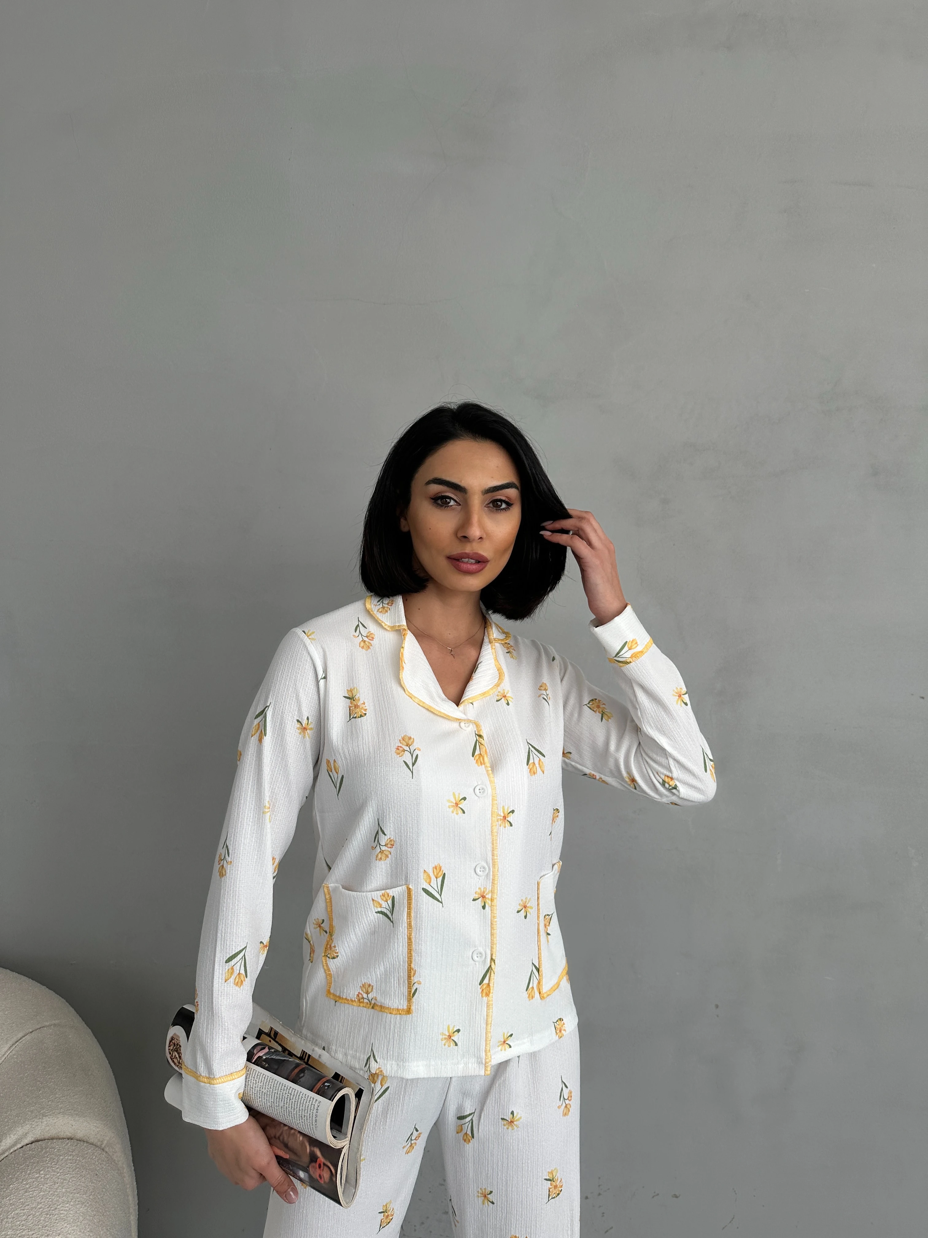 Özel Örme Kumaş Baskılı Uzun Kollu Kadın Pijama Takımı - Beyaz