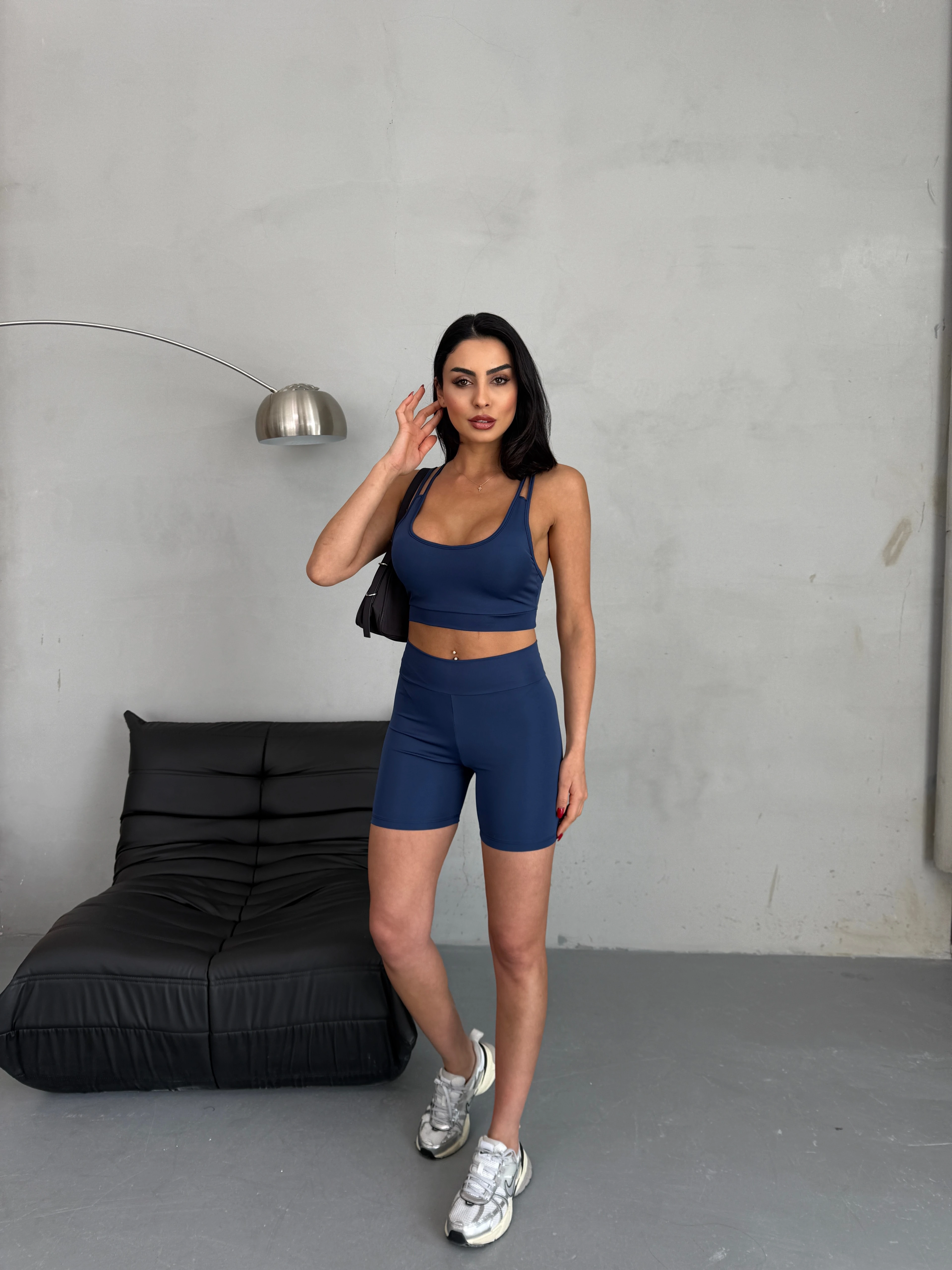 Yüksek Bel Toparlayıcı Çapraz Sırt Detaylı Slim Fit Kadın Tayt Takım - Mavi