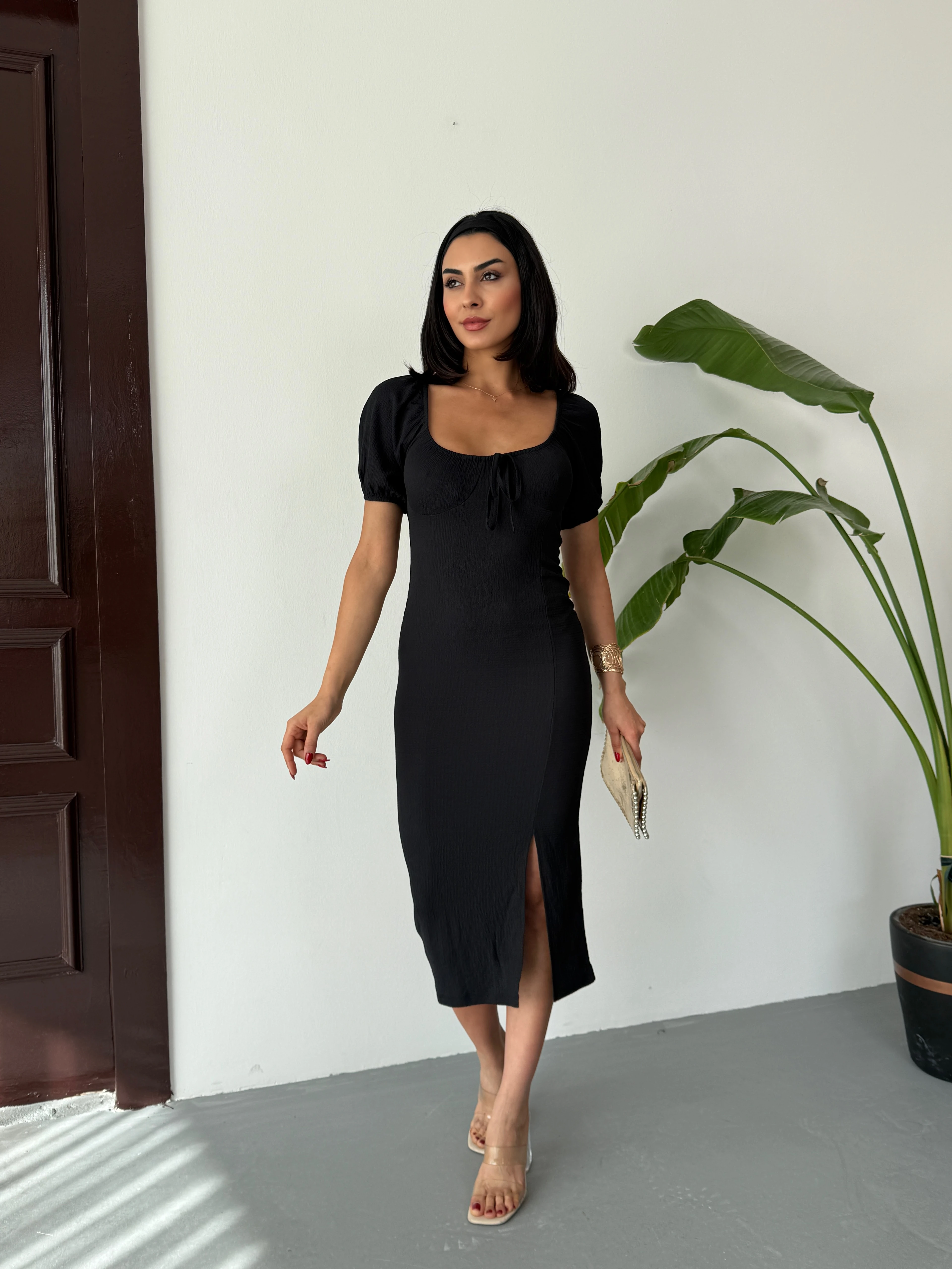 Yazlık Çıtır Desen Karpuz Kol Yırtmaç Detay Elbise