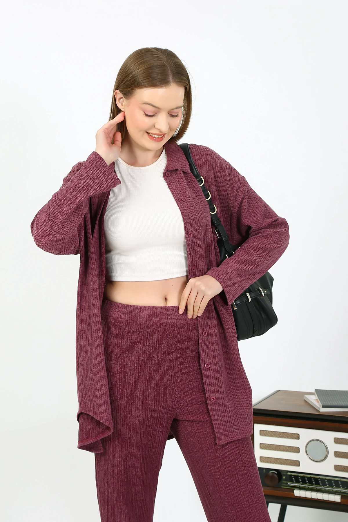 Bol Paça Kırçıllı Pantolon Gömlek Ikili Takım (Rahat Kalıp)