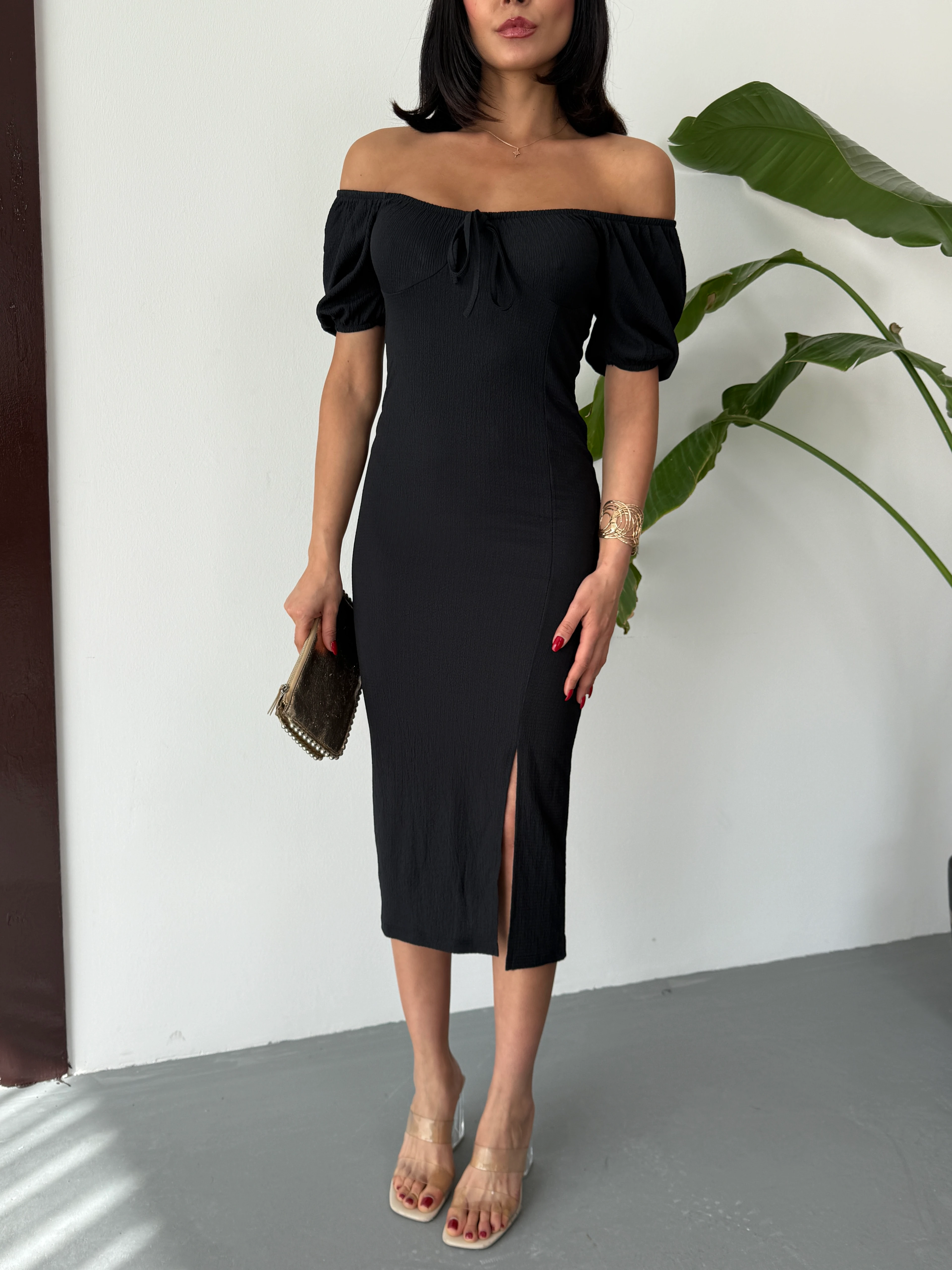 Yazlık Çıtır Desen Karpuz Kol Yırtmaç Detay Elbise