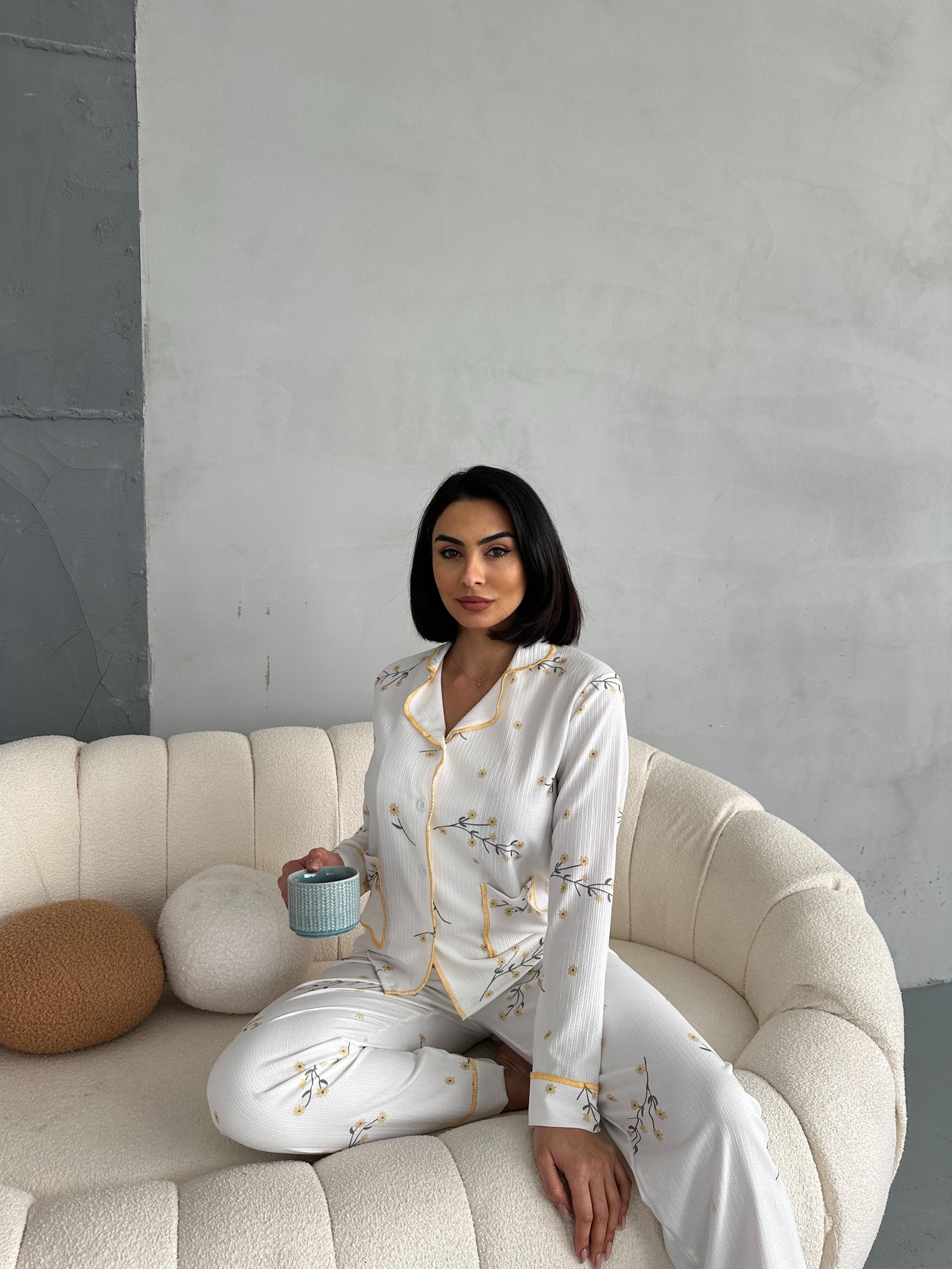 Özel Örme Kumaş Baskılı Uzun Kollu Kadın Pijama Takımı - Beyaz-2