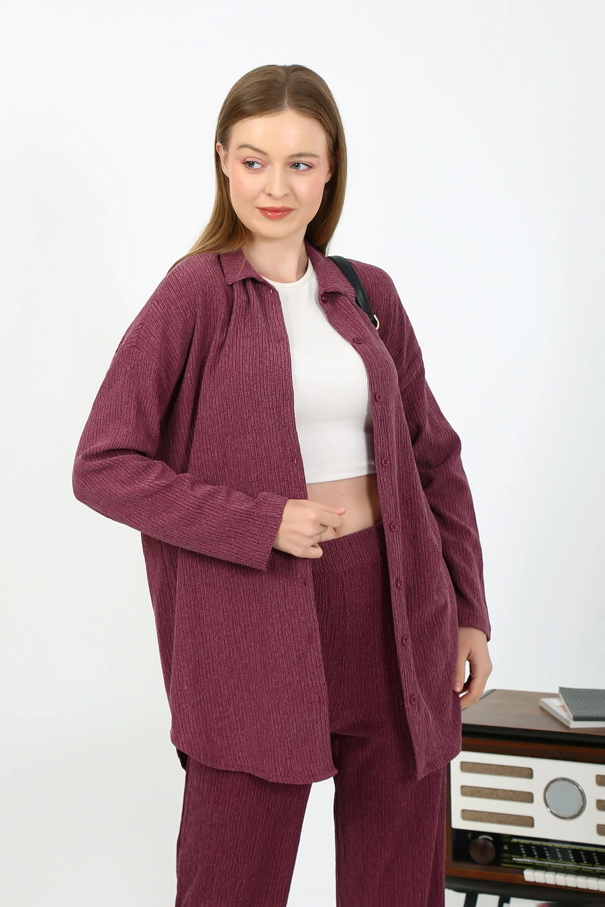 Bol Paça Kırçıllı Pantolon Gömlek Ikili Takım (Rahat Kalıp)