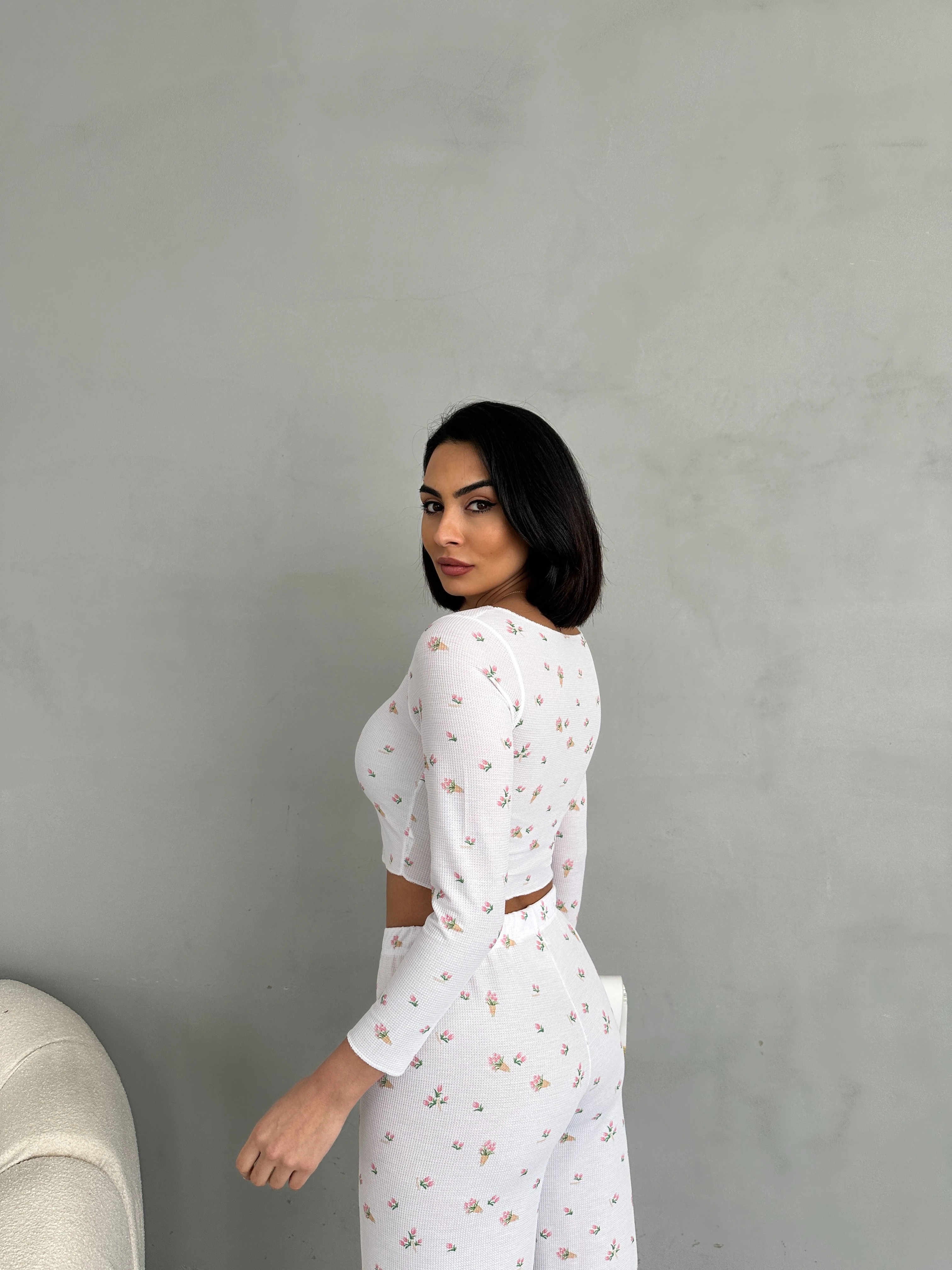 Özel Örme Kumaş Baskılı Uzun Kollu Kadın Pijama Takımı