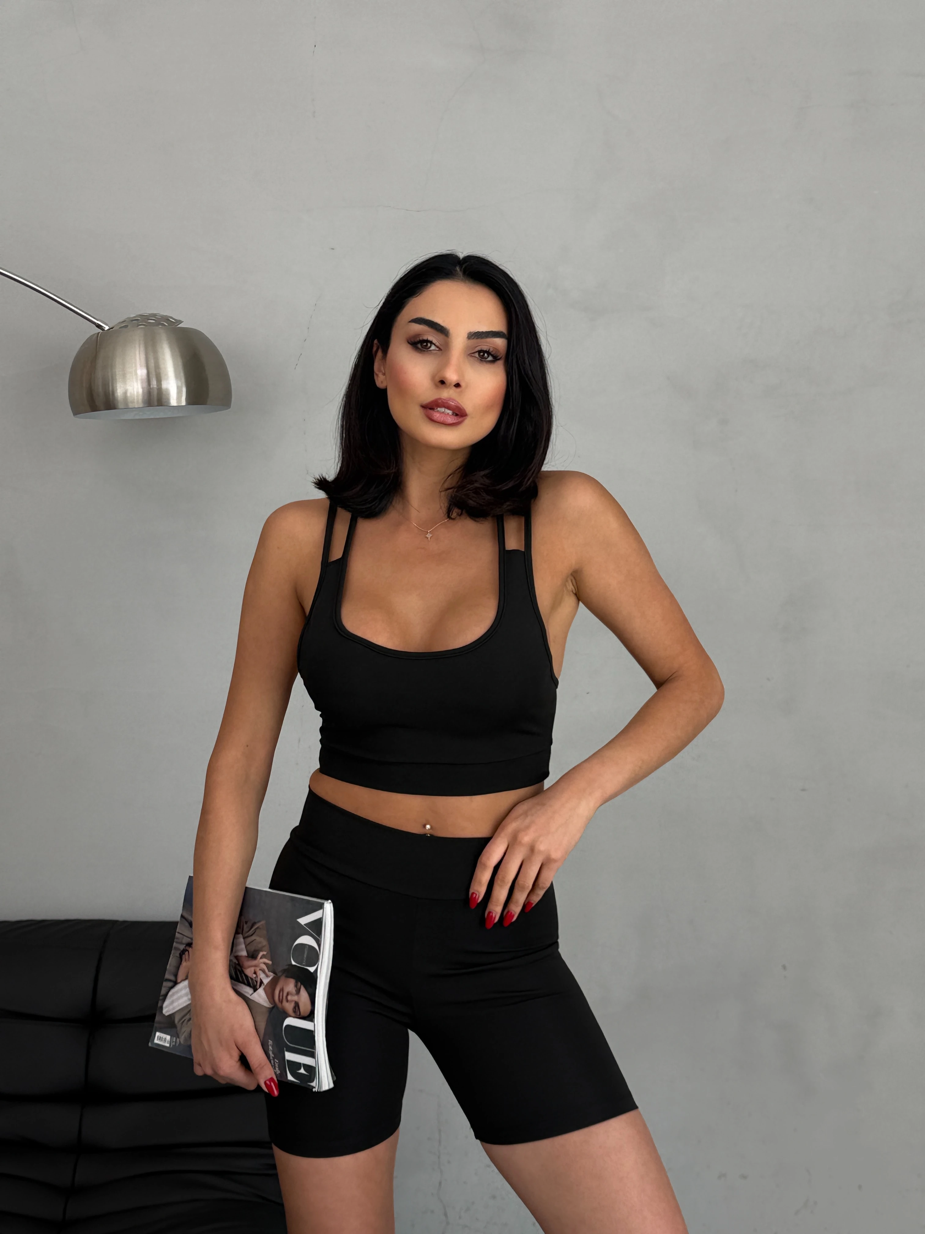 Yüksek Bel Toparlayıcı Çapraz Sırt Detaylı Slim Fit Kadın Tayt Takım