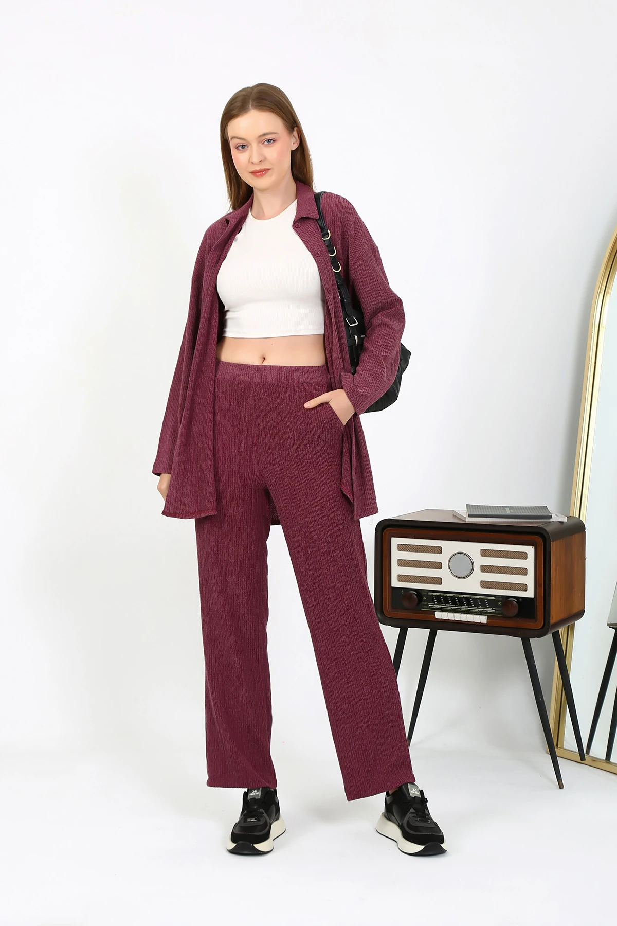 Bol Paça Kırçıllı Pantolon Gömlek Ikili Takım (Rahat Kalıp)