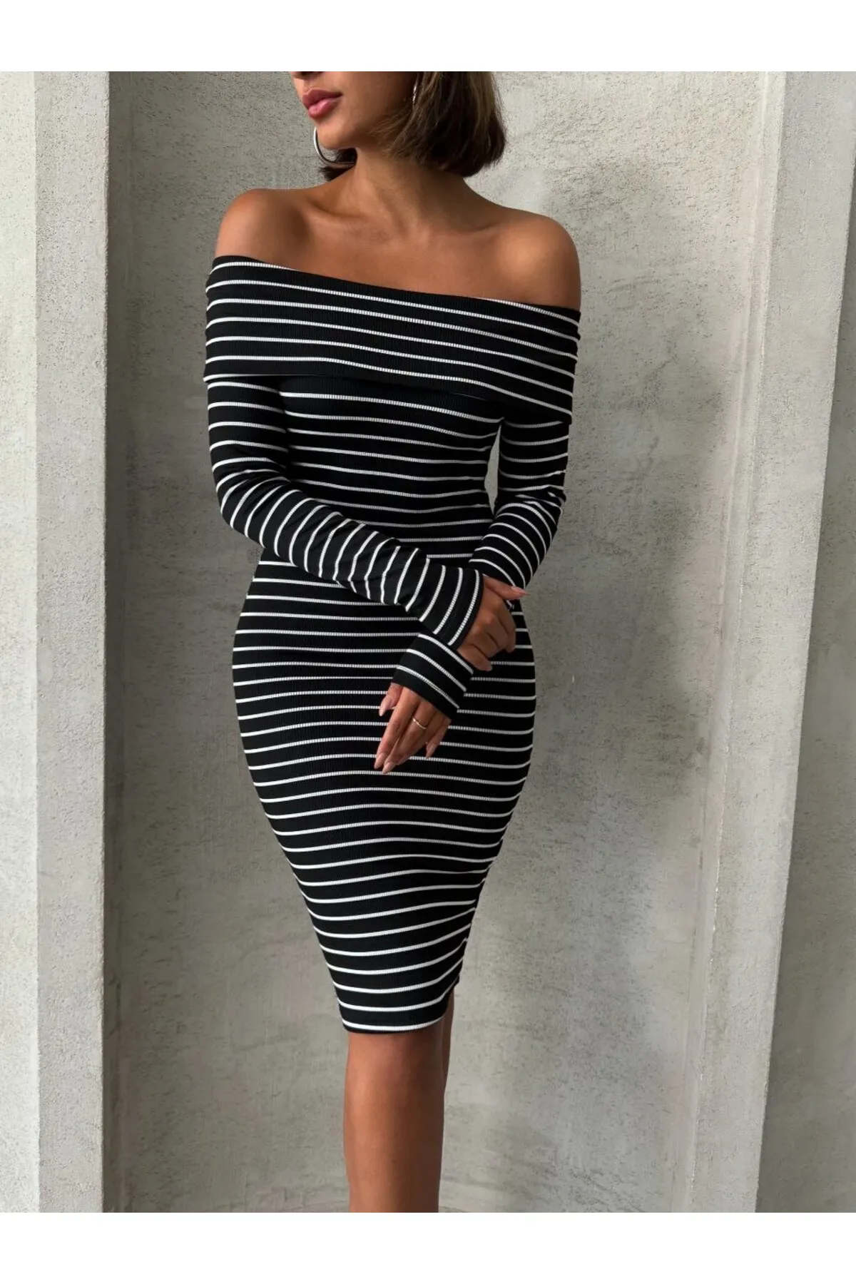 Madonna Çizgili Şardonlu Uzun Kol Kadın Elbise - Siyah