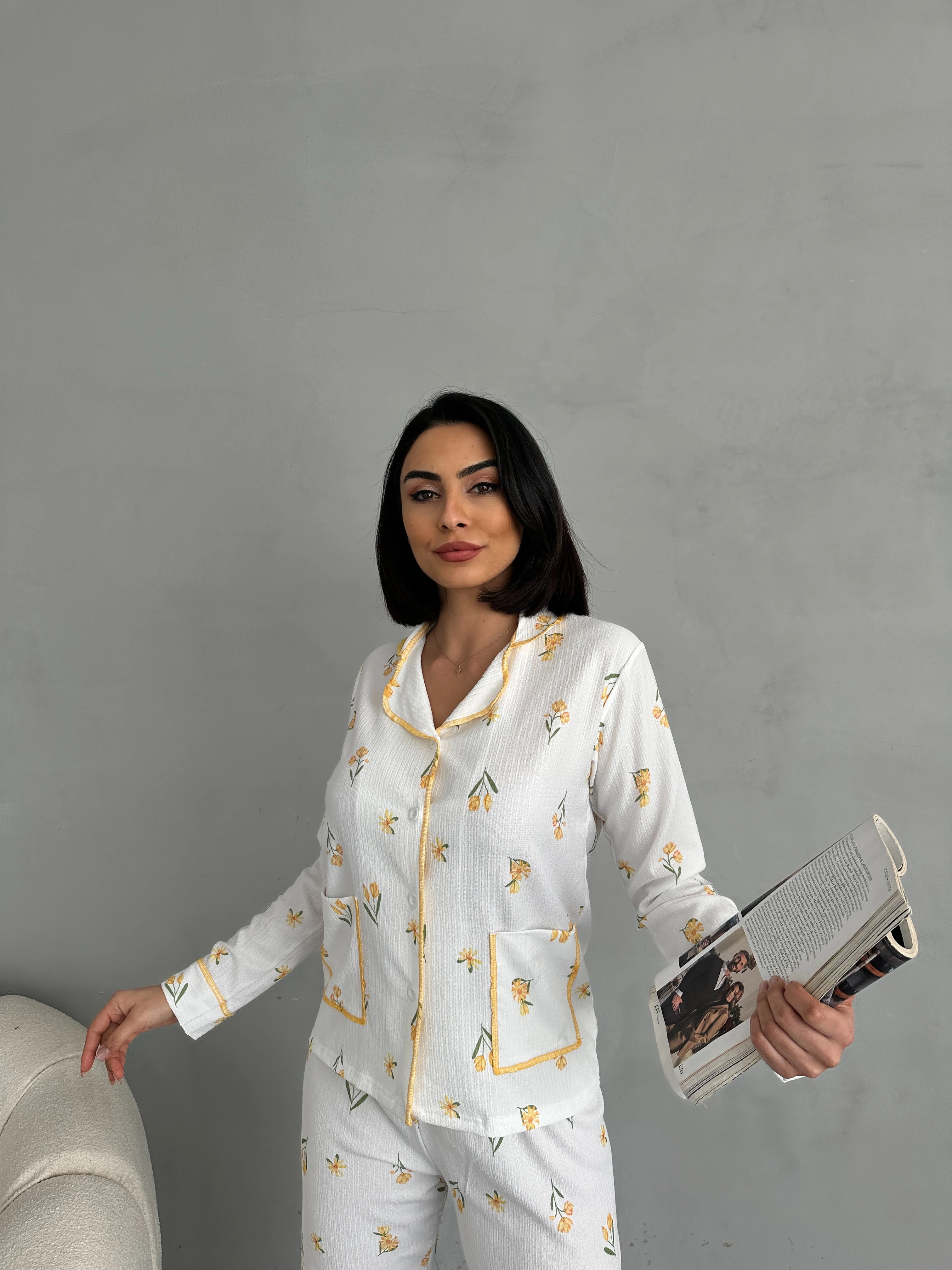 Özel Örme Kumaş Baskılı Uzun Kollu Kadın Pijama Takımı