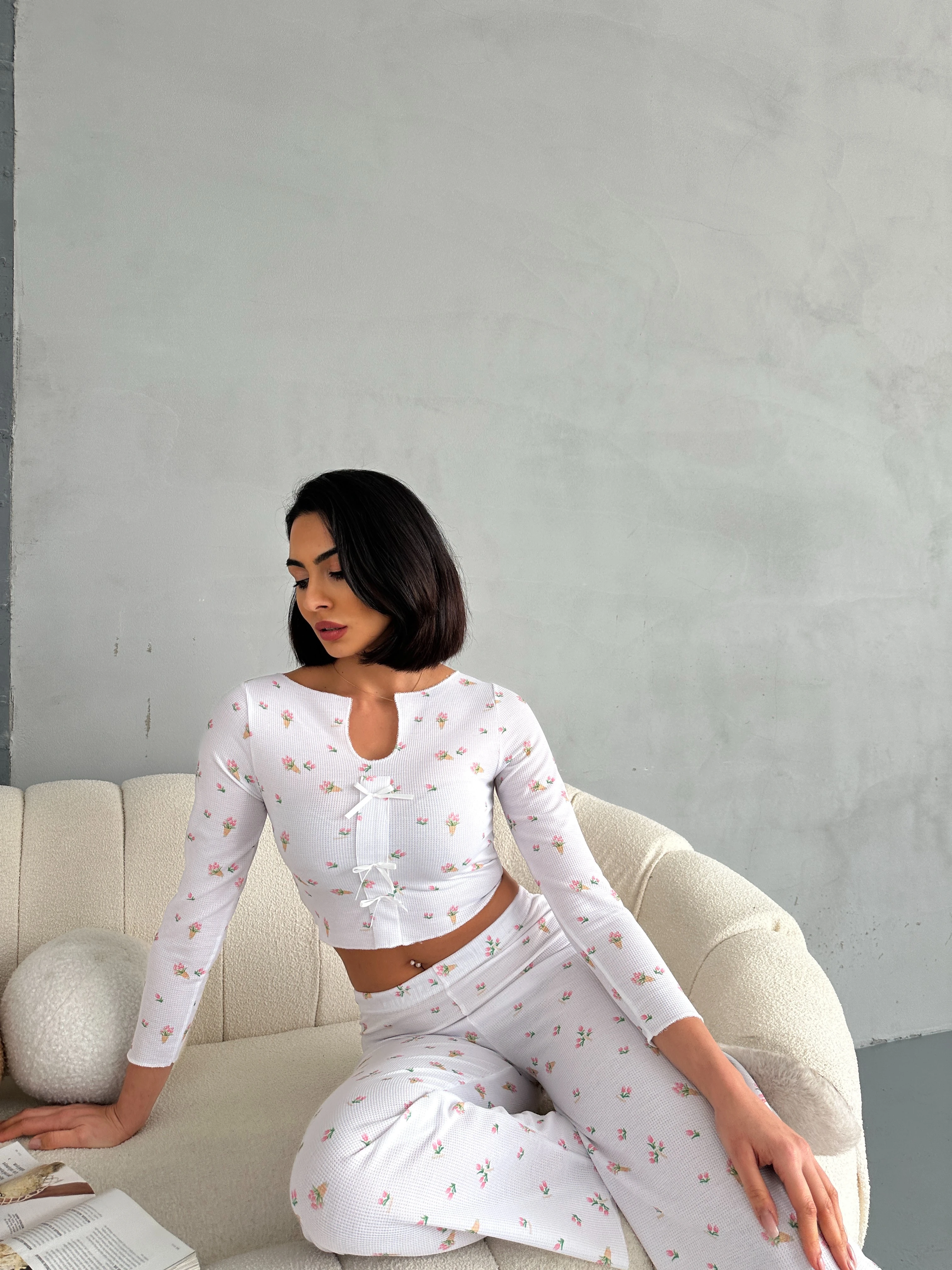 Özel Örme Kumaş Baskılı Uzun Kollu Kadın Pijama Takımı - Beyaz