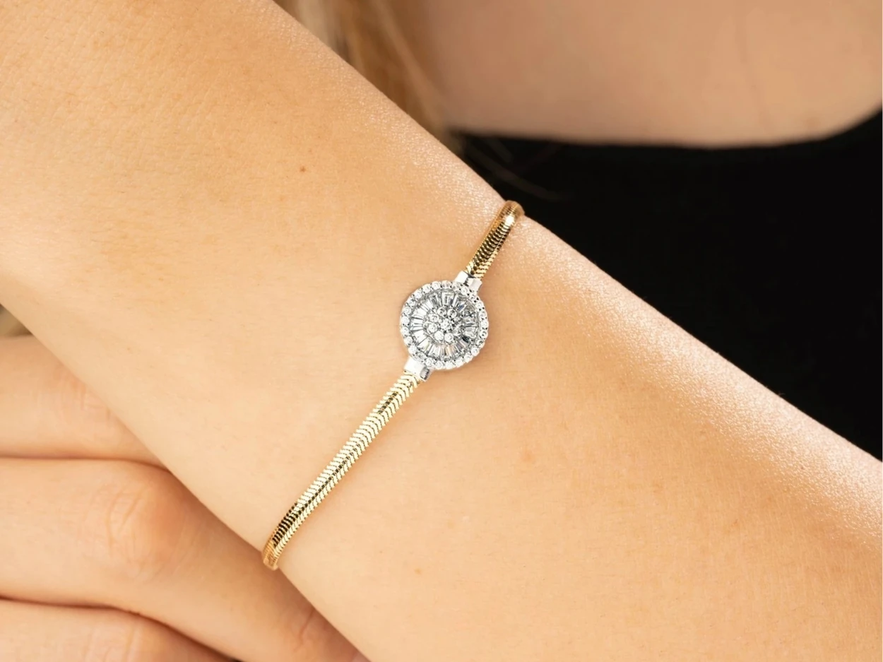 14 Ayar Altın Baget Taşlı Balık Sırtı Zincir Bileklik