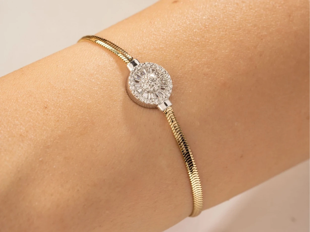 14 Ayar Altın Baget Taşlı Balık Sırtı Zincir Bileklik