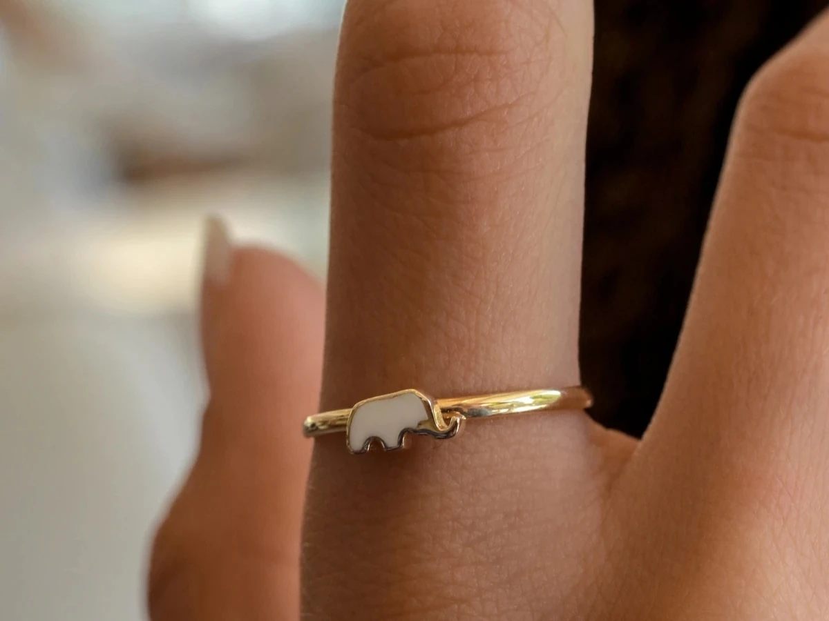 14 Ayar Altın Beyaz Mineli Minimal Fil Yüzük