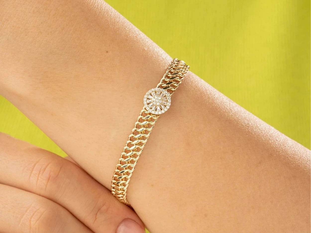 14 Ayar Altın Baget Taşlı Viyana Zincir Bileklik