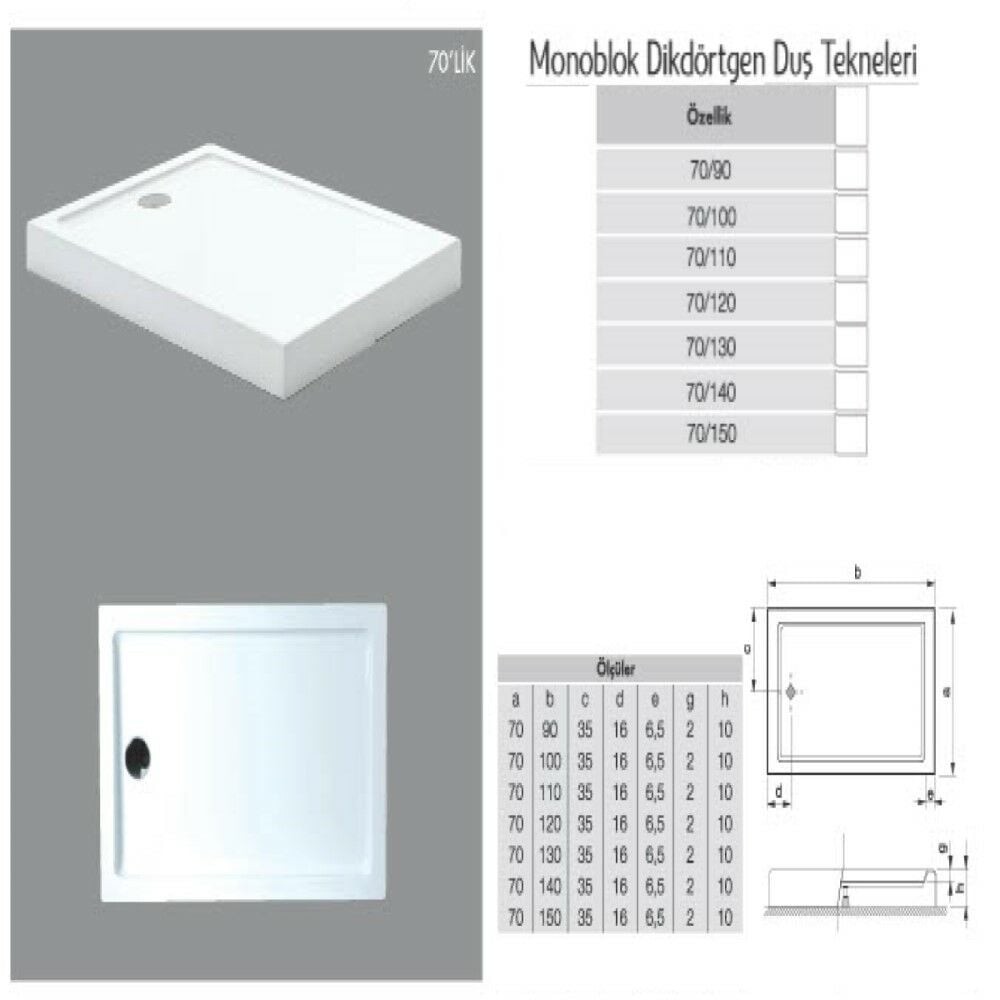 Dikdörtgen Monoblok Duş Teknesi H:10 cm