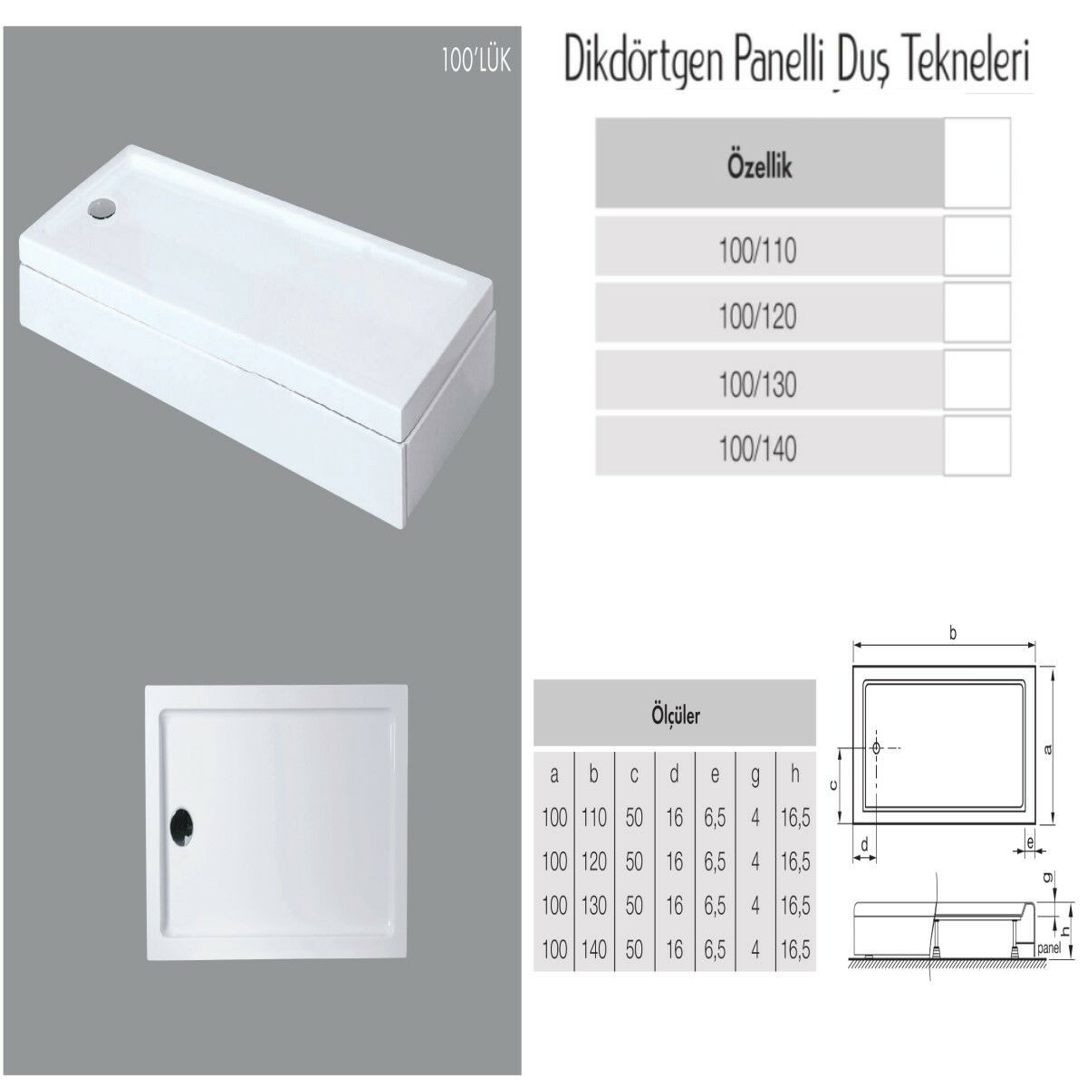 Dikdörtgen Panelli Duş Teknesi H:15-16cm