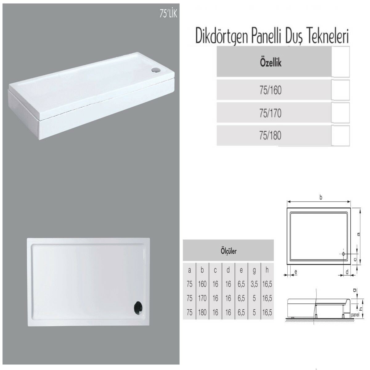 Dikdörtgen Panelli Duş Teknesi H:15-16cm