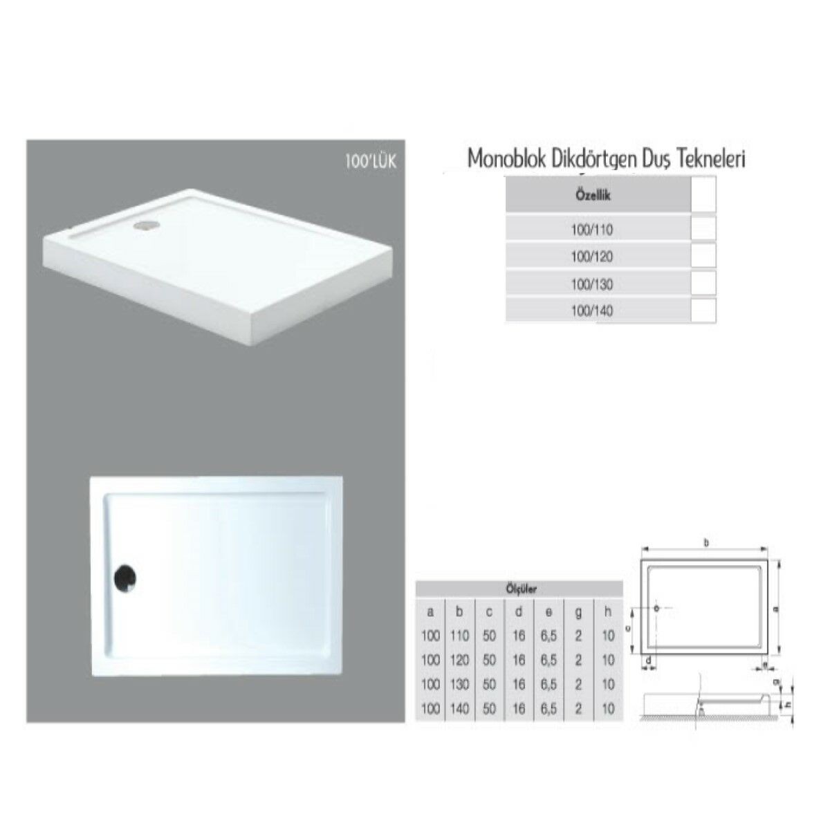 Dikdörtgen Monoblok Duş Teknesi H:10 cm