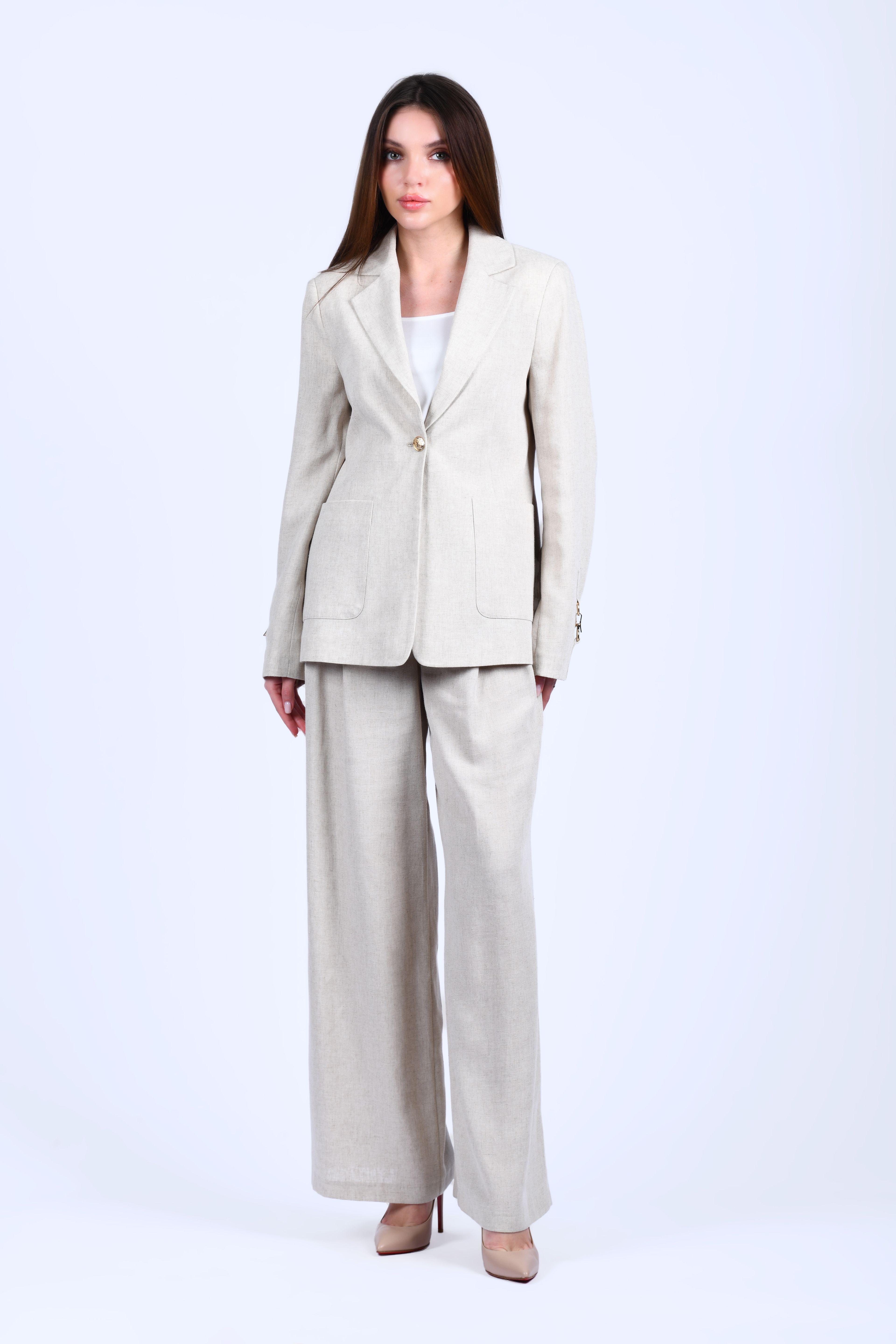 Bej Keten Blazer Ceket - QC88