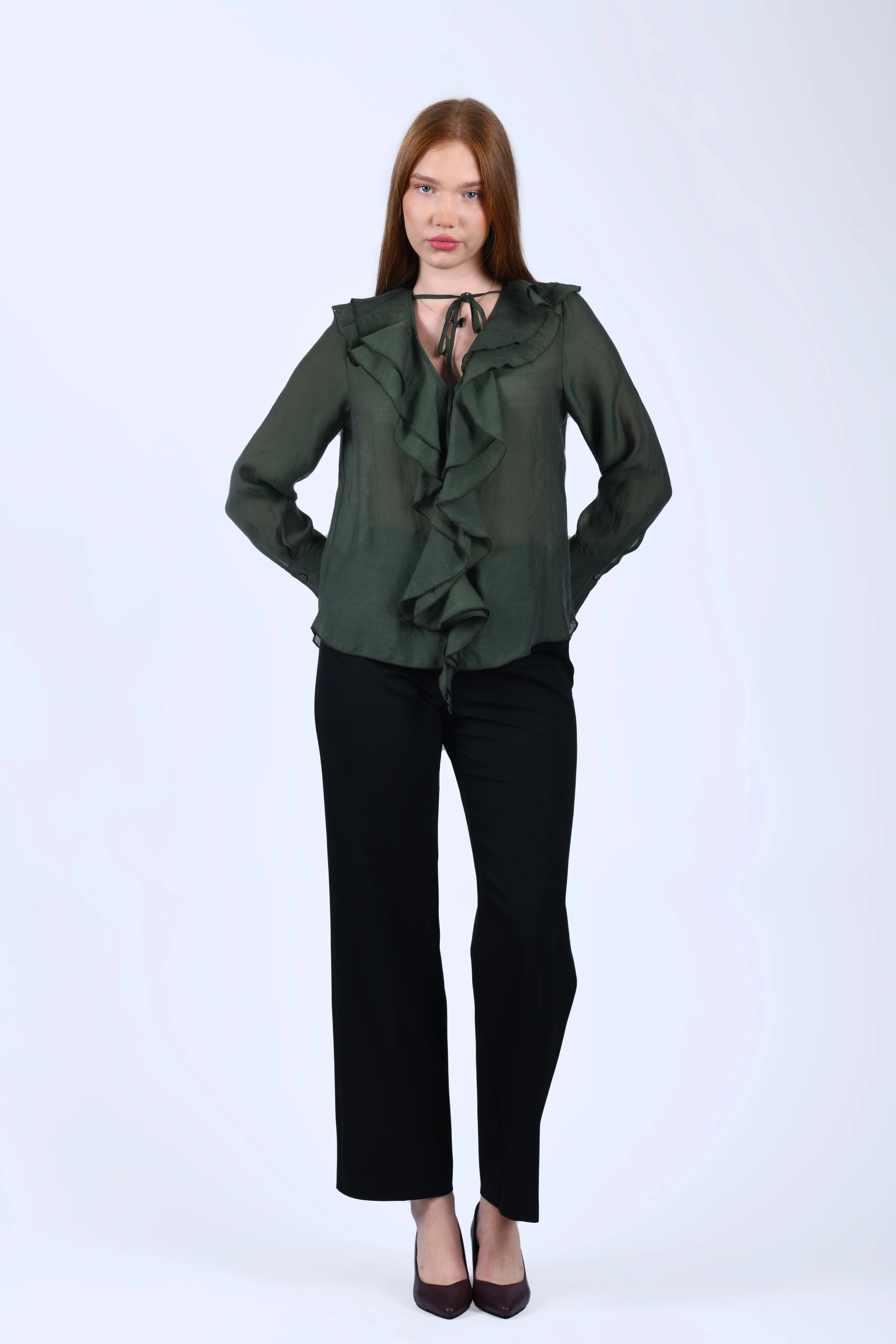 Yeşil Volanlı Tül Bluz - QB201