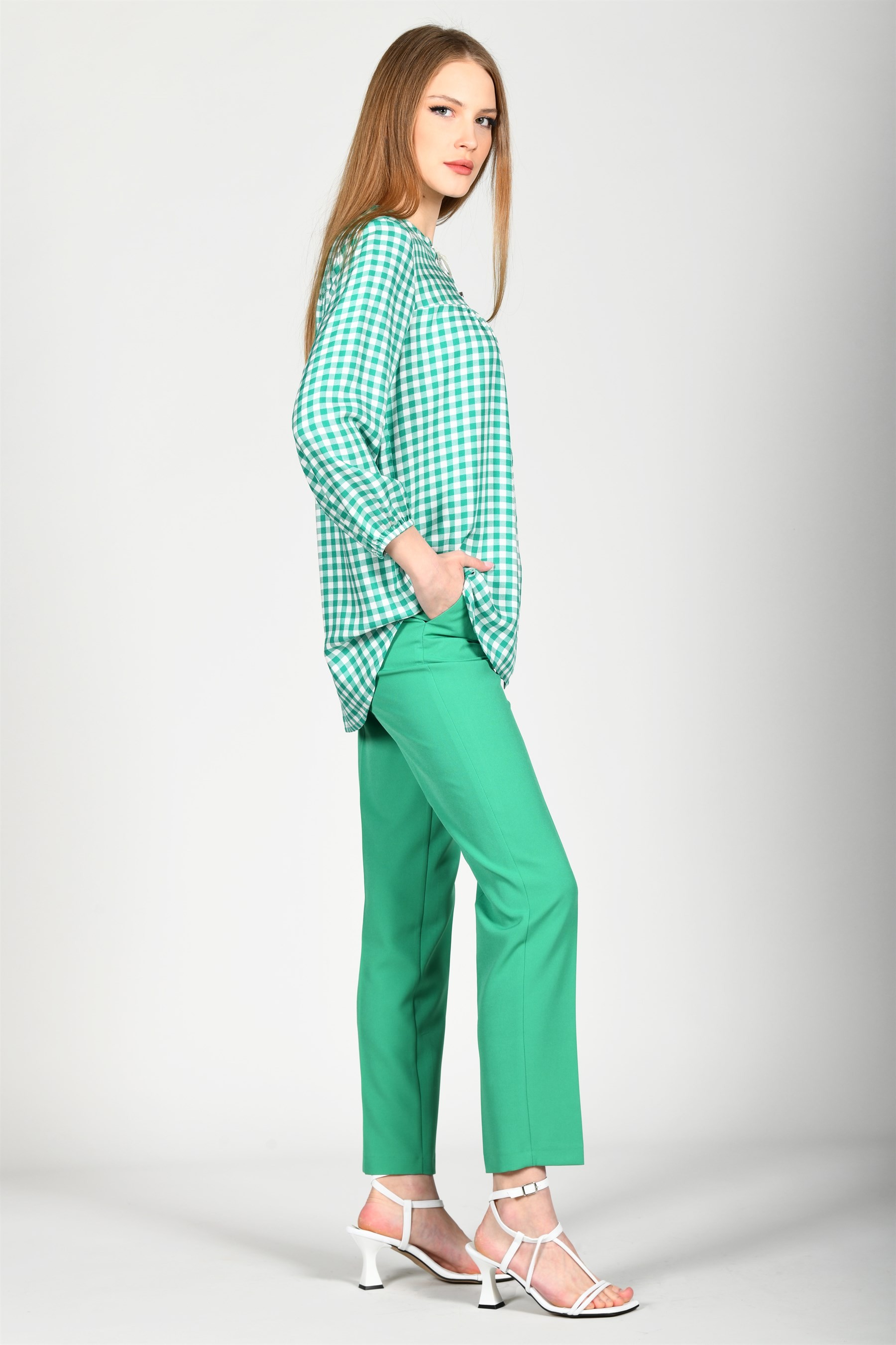 Yeşil Ekose Desen Bluz - LB54