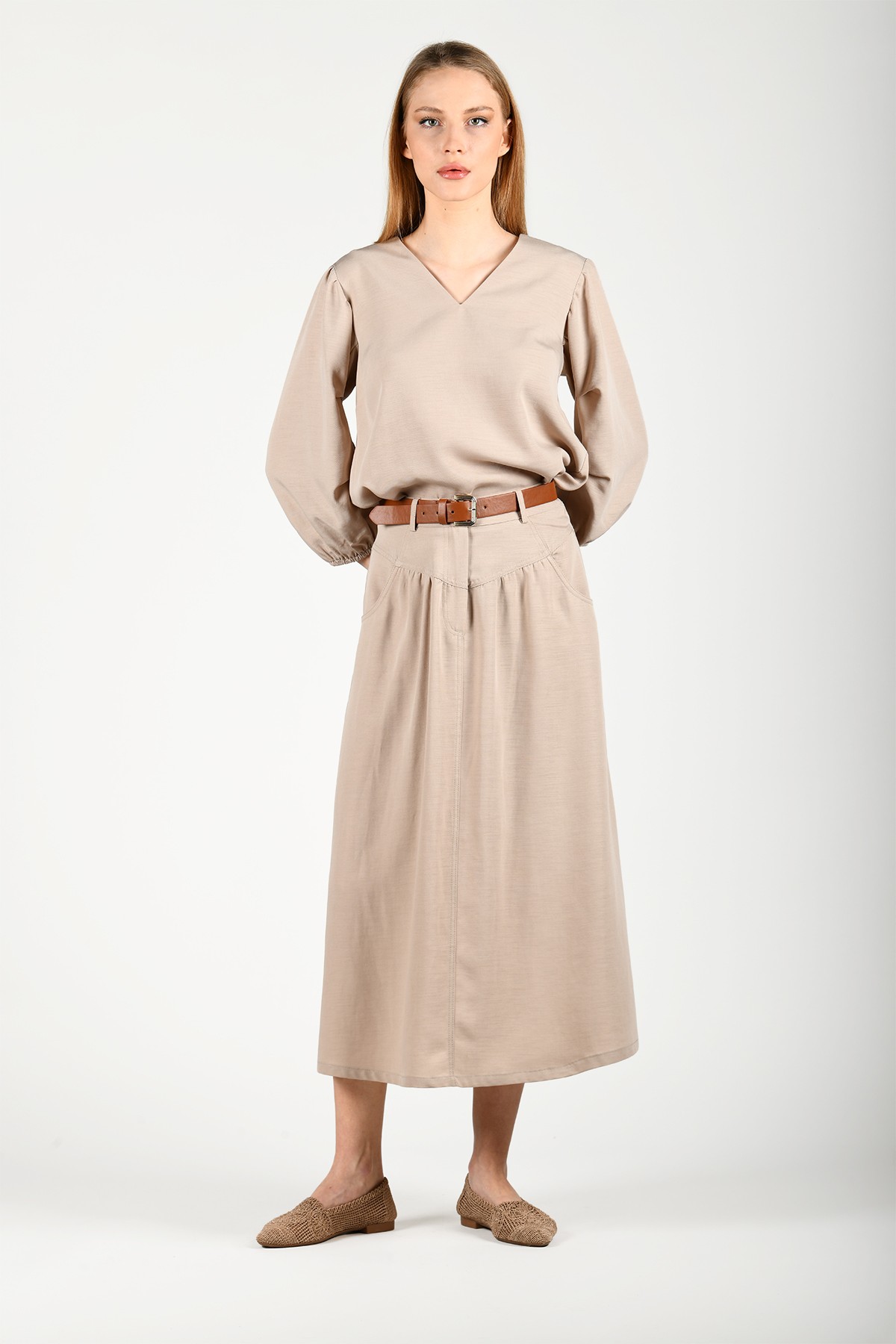 Bej Casual Cepli Kemerli Uzun Etek - LD54