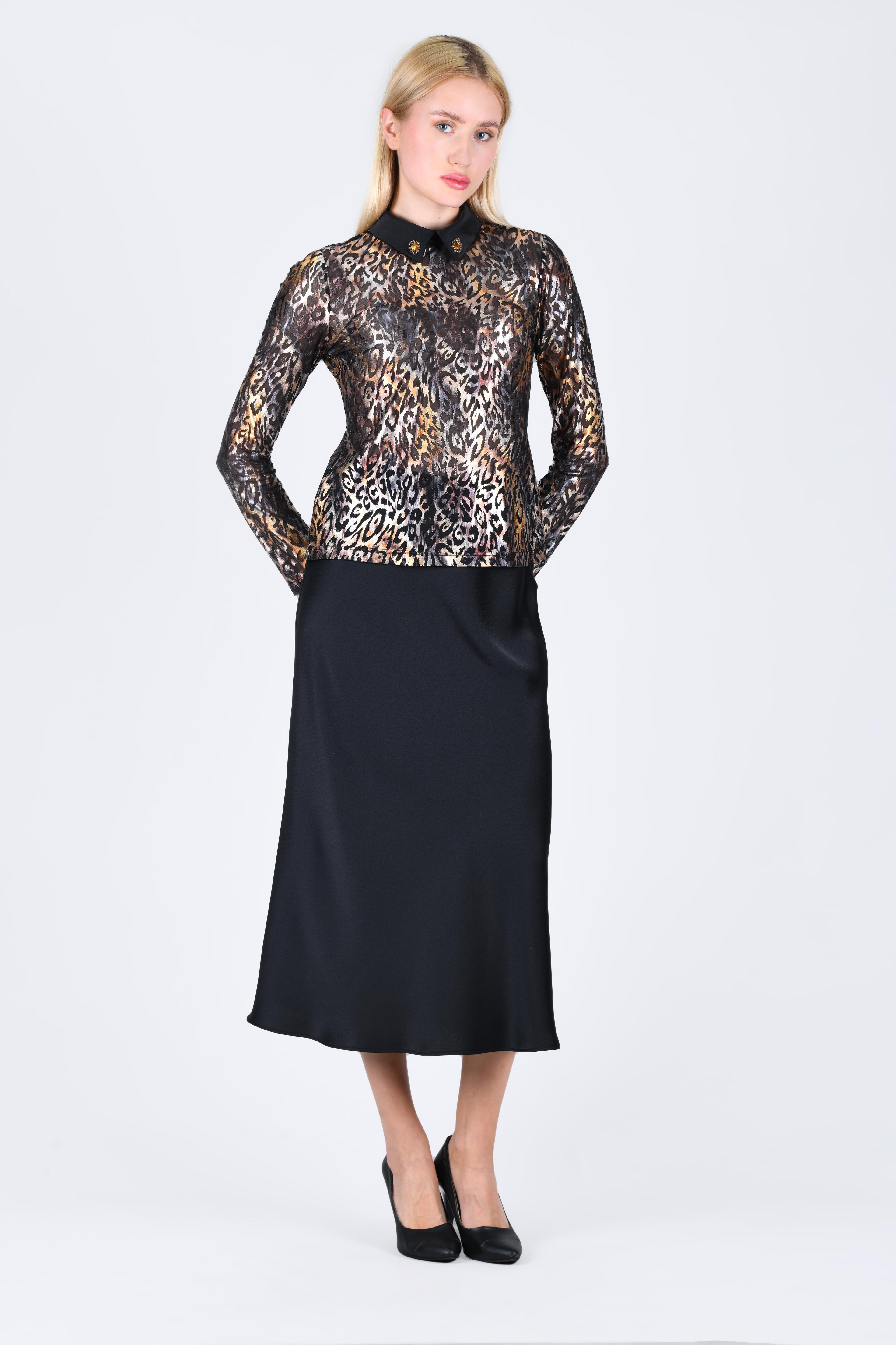 Gold Leopar Desenli Yaka Detaylı Transparan Bluz - LB165