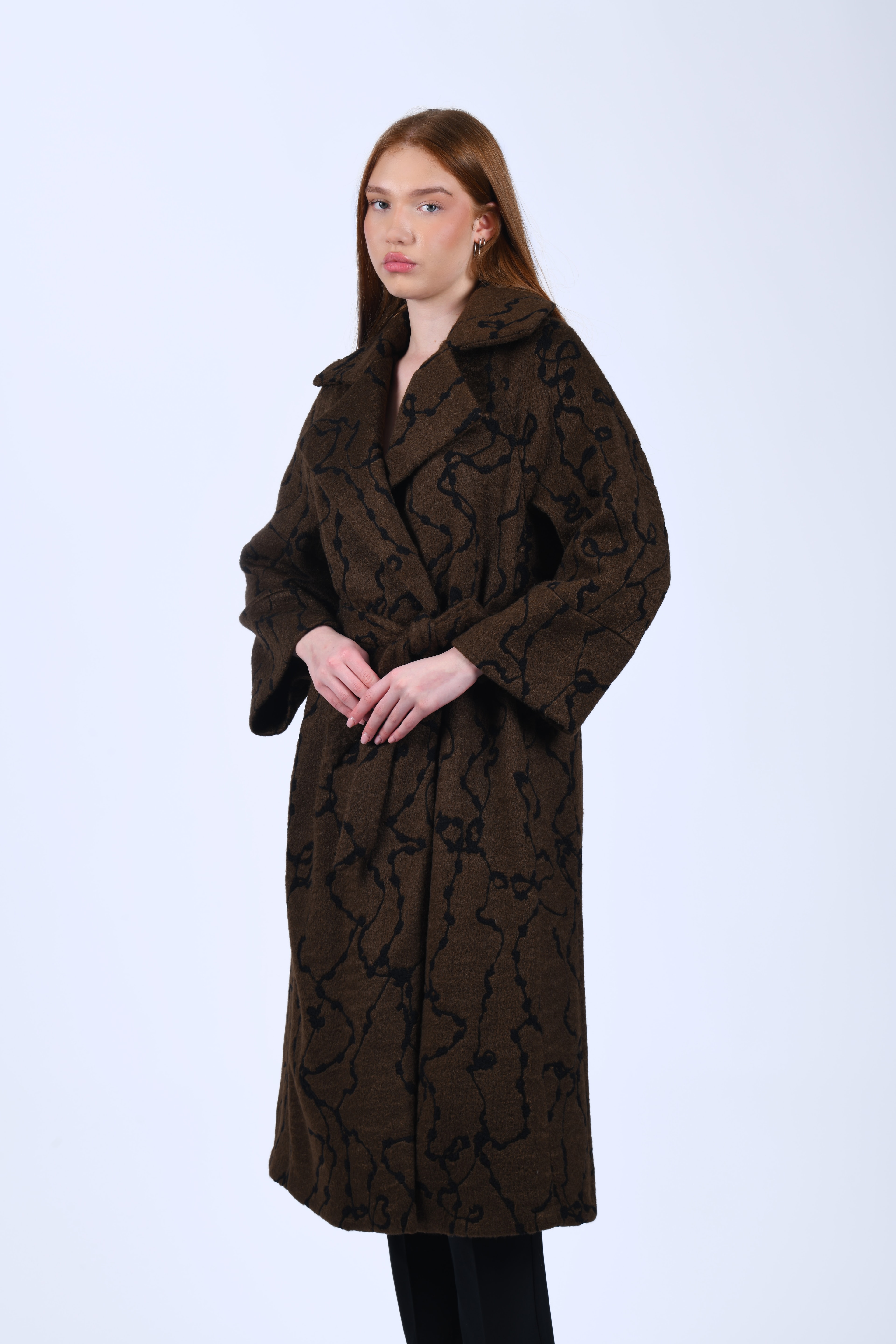 Kahve Desenli Kuşaklı Kaban - QK35