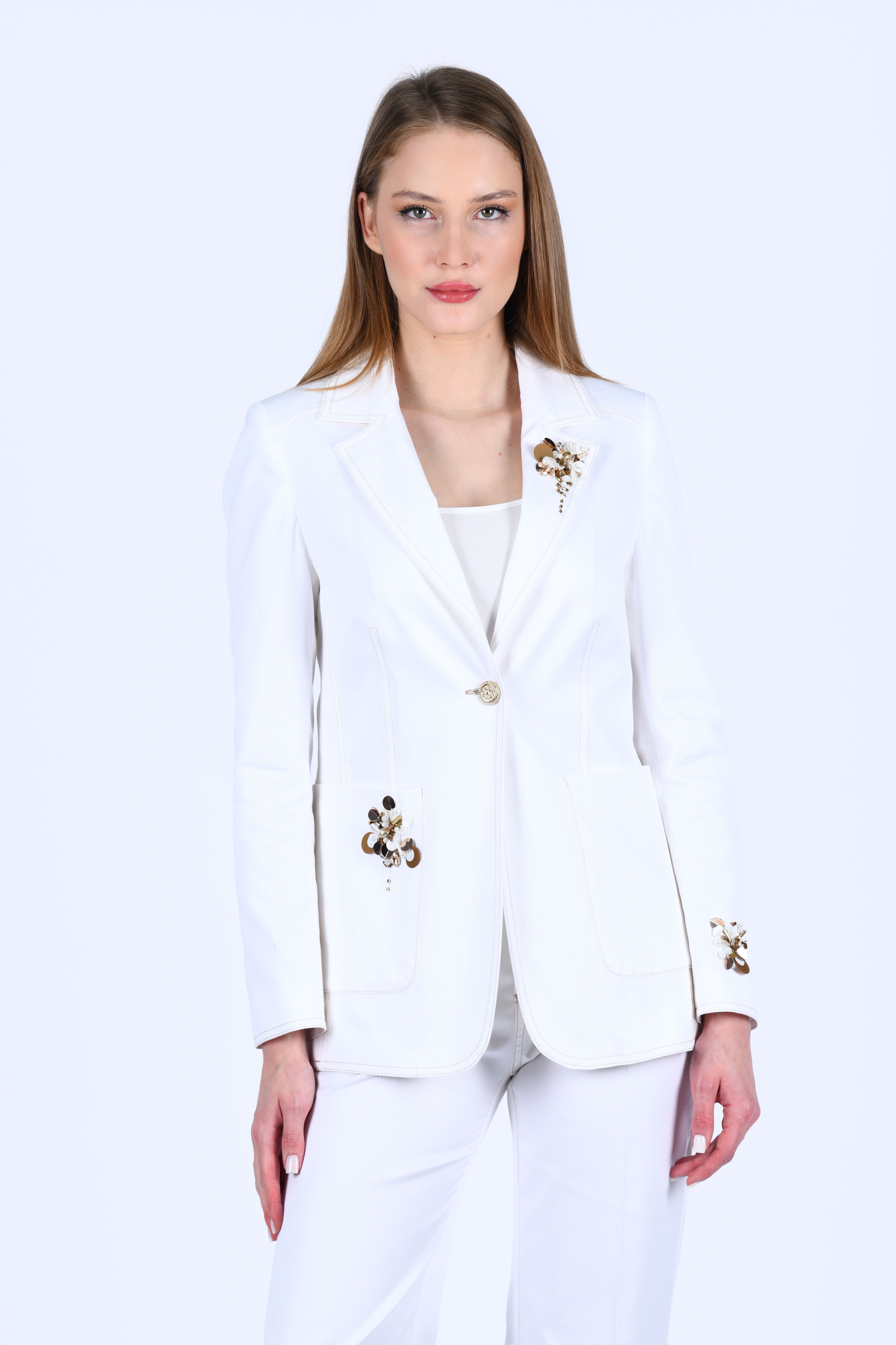 Ecru İşleme Detaylı Blazer Ceket - LC114