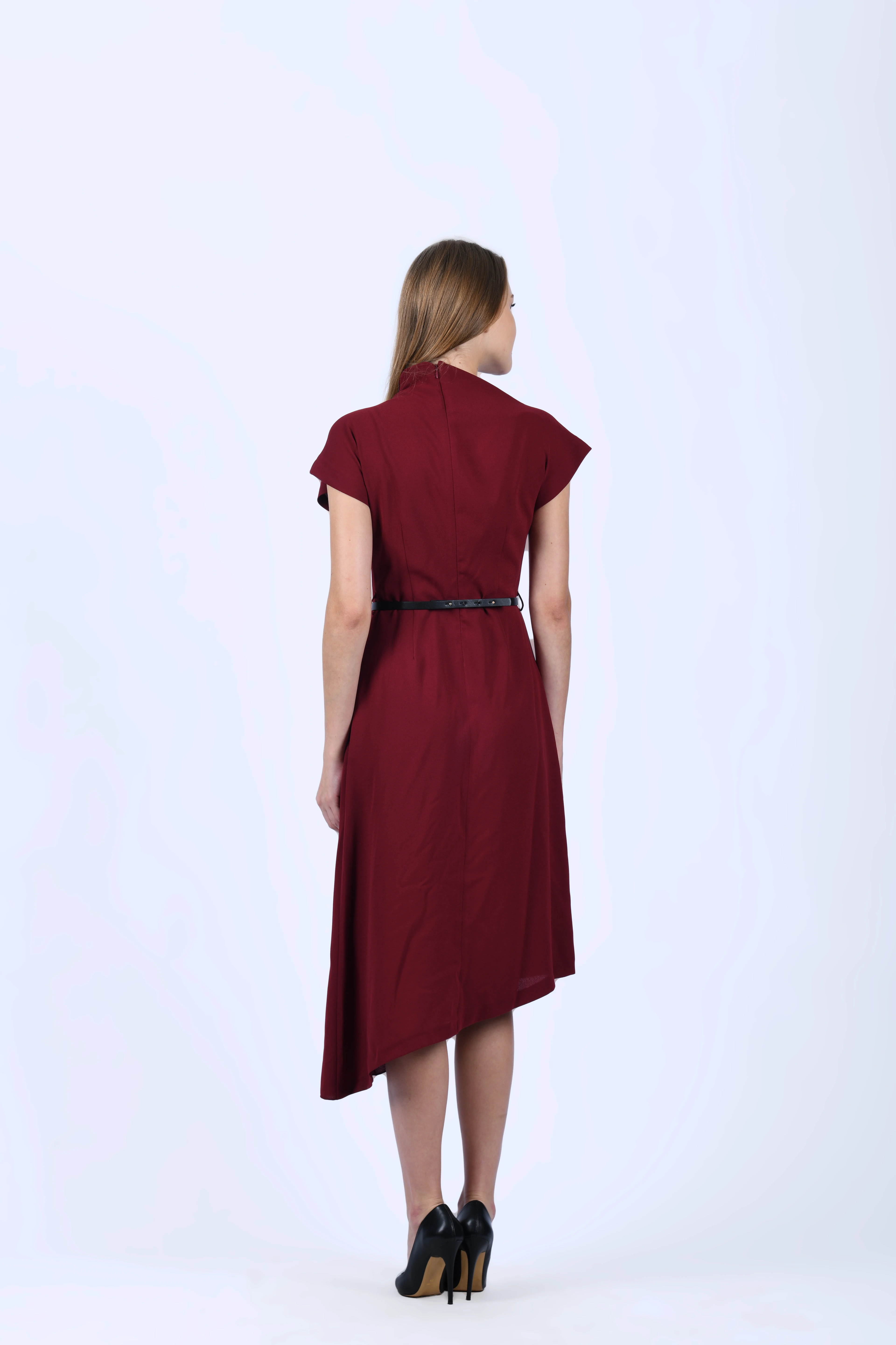 Bordo Asimetrik Kesim Yanı Piliseli Elbise - QE393