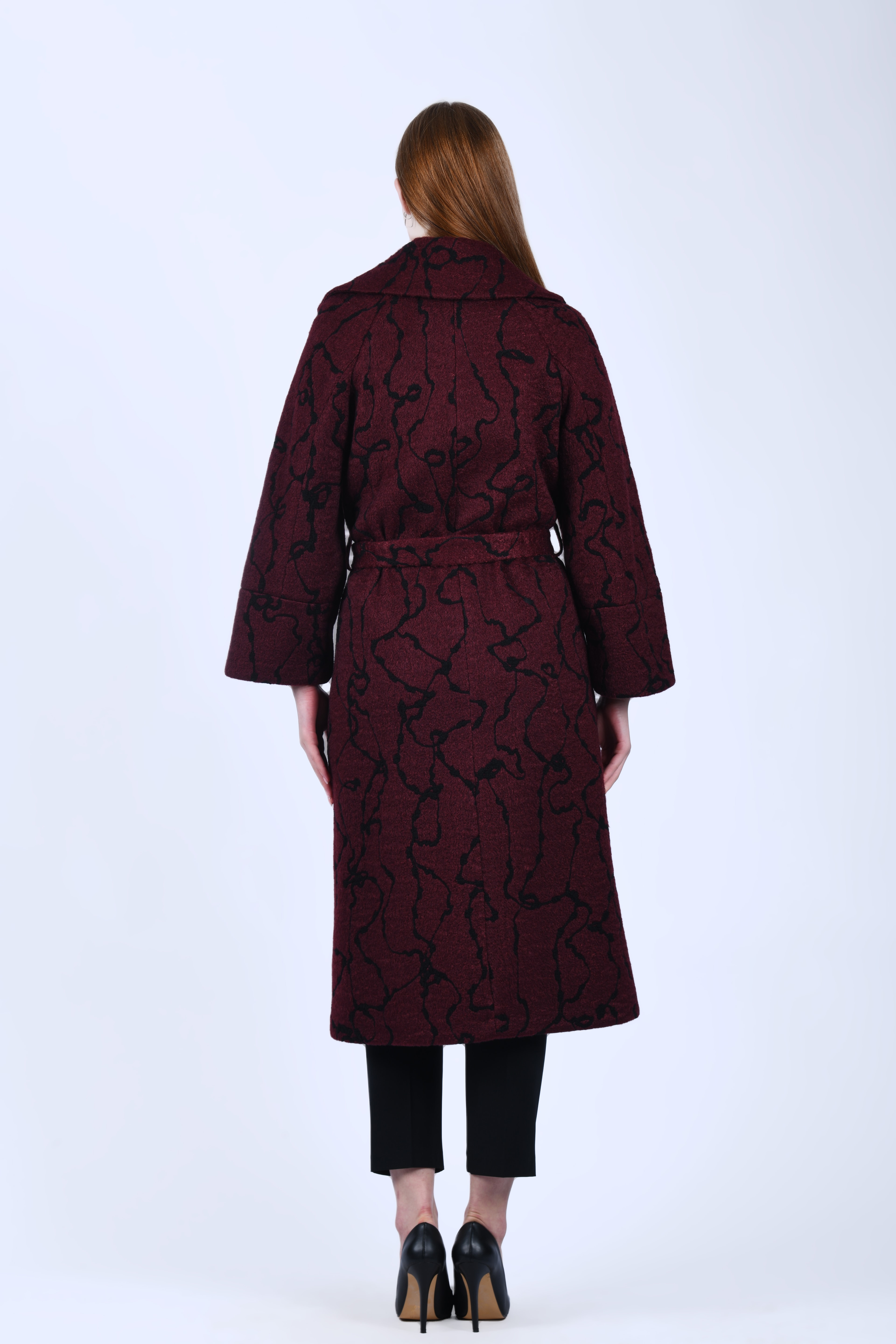 Bordo Desenli Kuşaklı Kaban - QK35