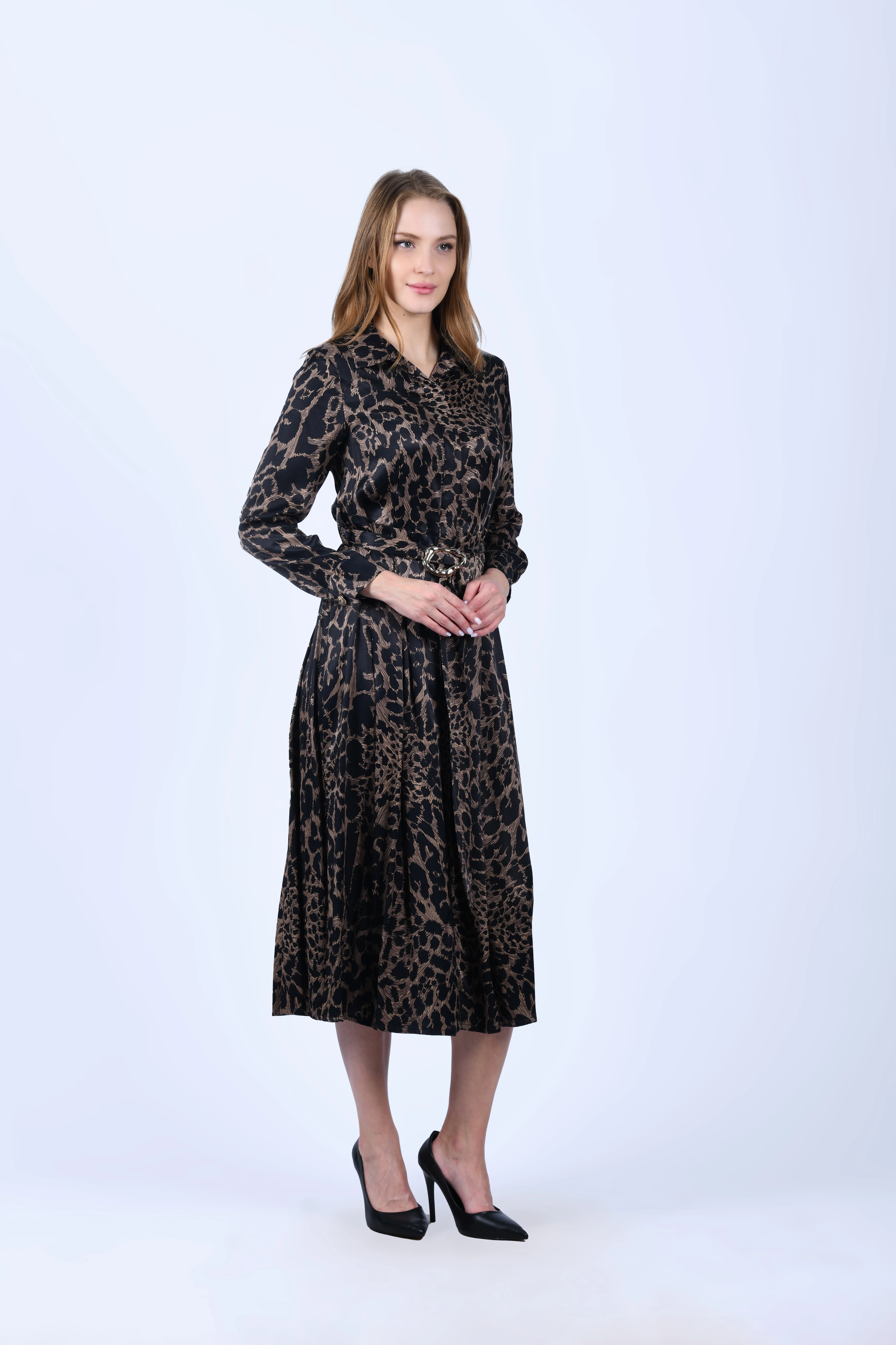 Kahve Tokalı Leopar Elbise - LE430