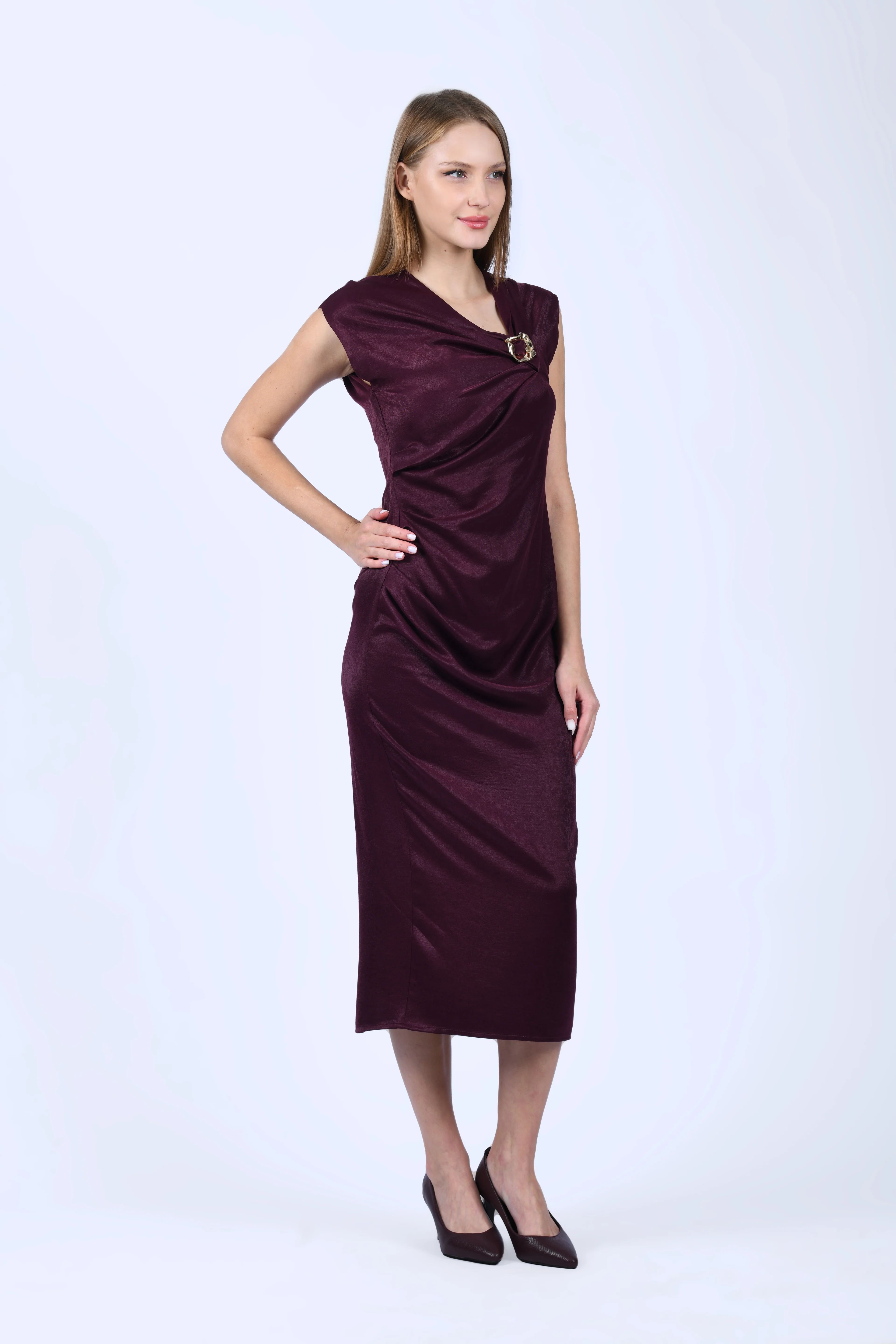 Bordo Yakası Tokalı Midi Elbise - QE389