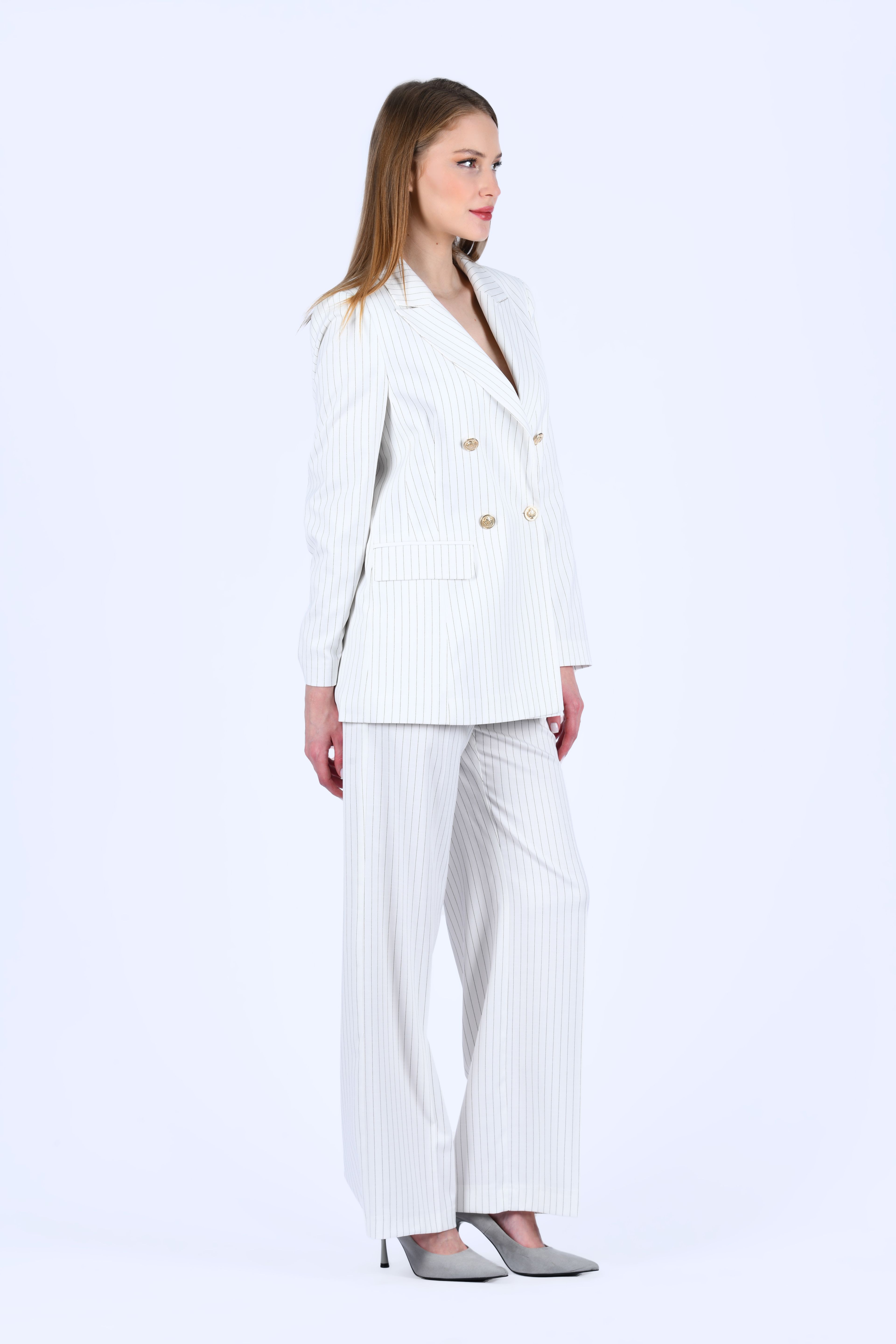 Ecru Çizgili Blazer Ceket - LC118