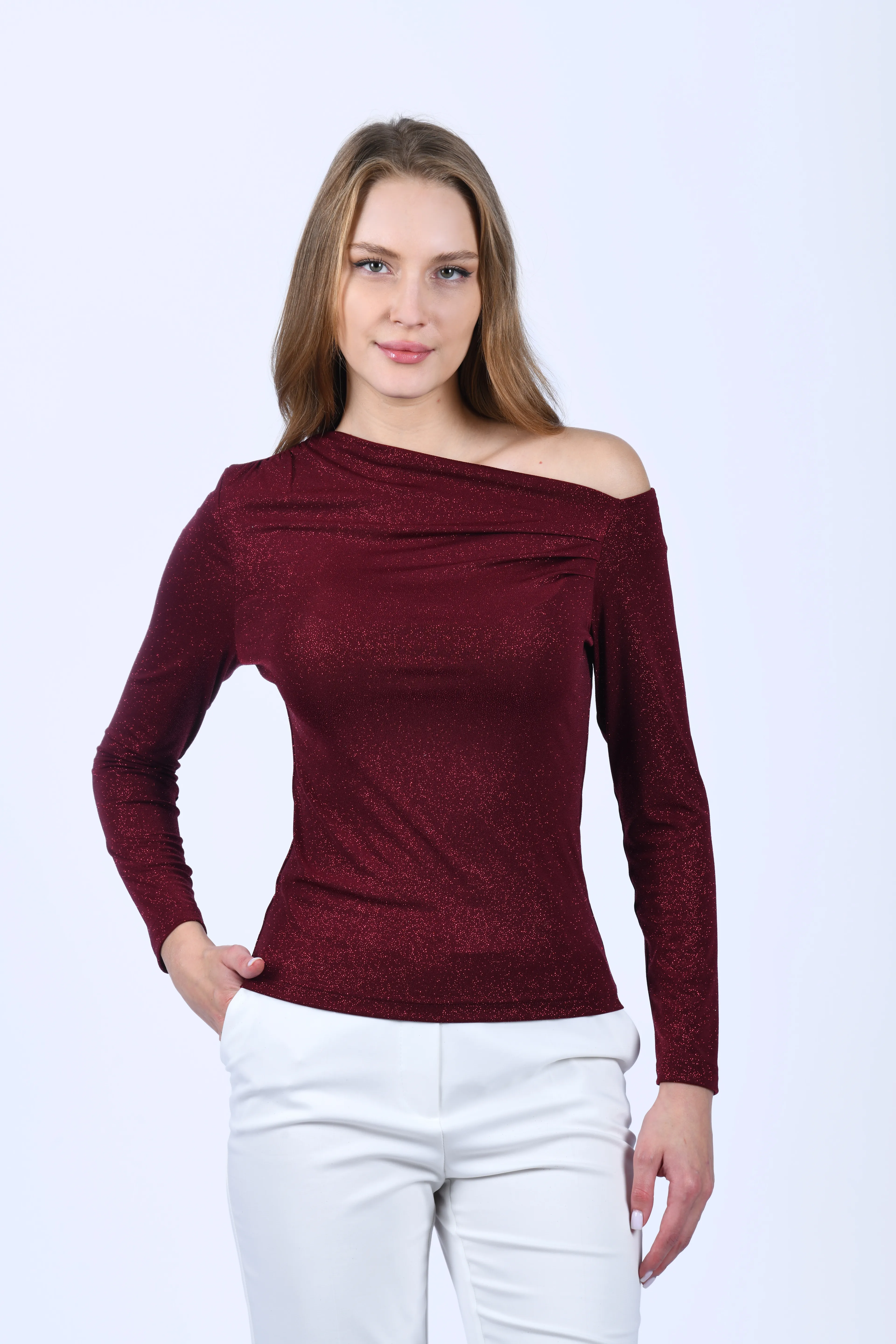 Bordo Omuz Detaylı Simli Bluz - QB204